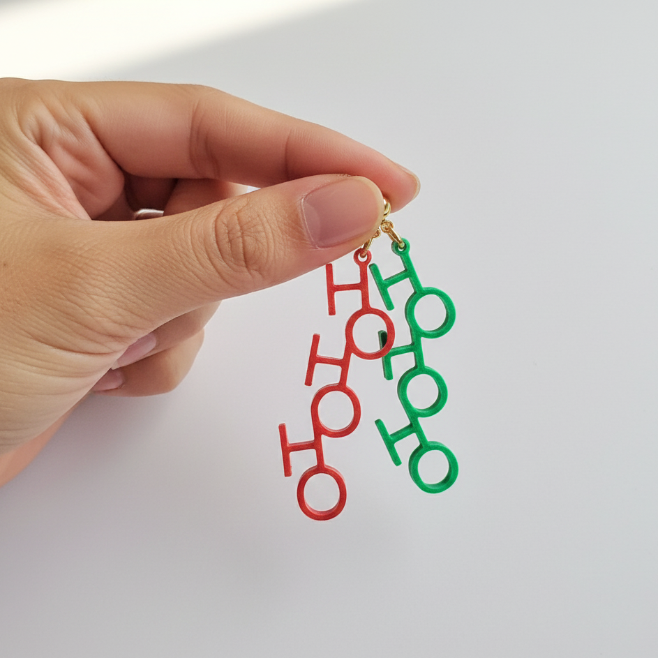 Hand holding red and green 'HO HO HO' earrings on a white background