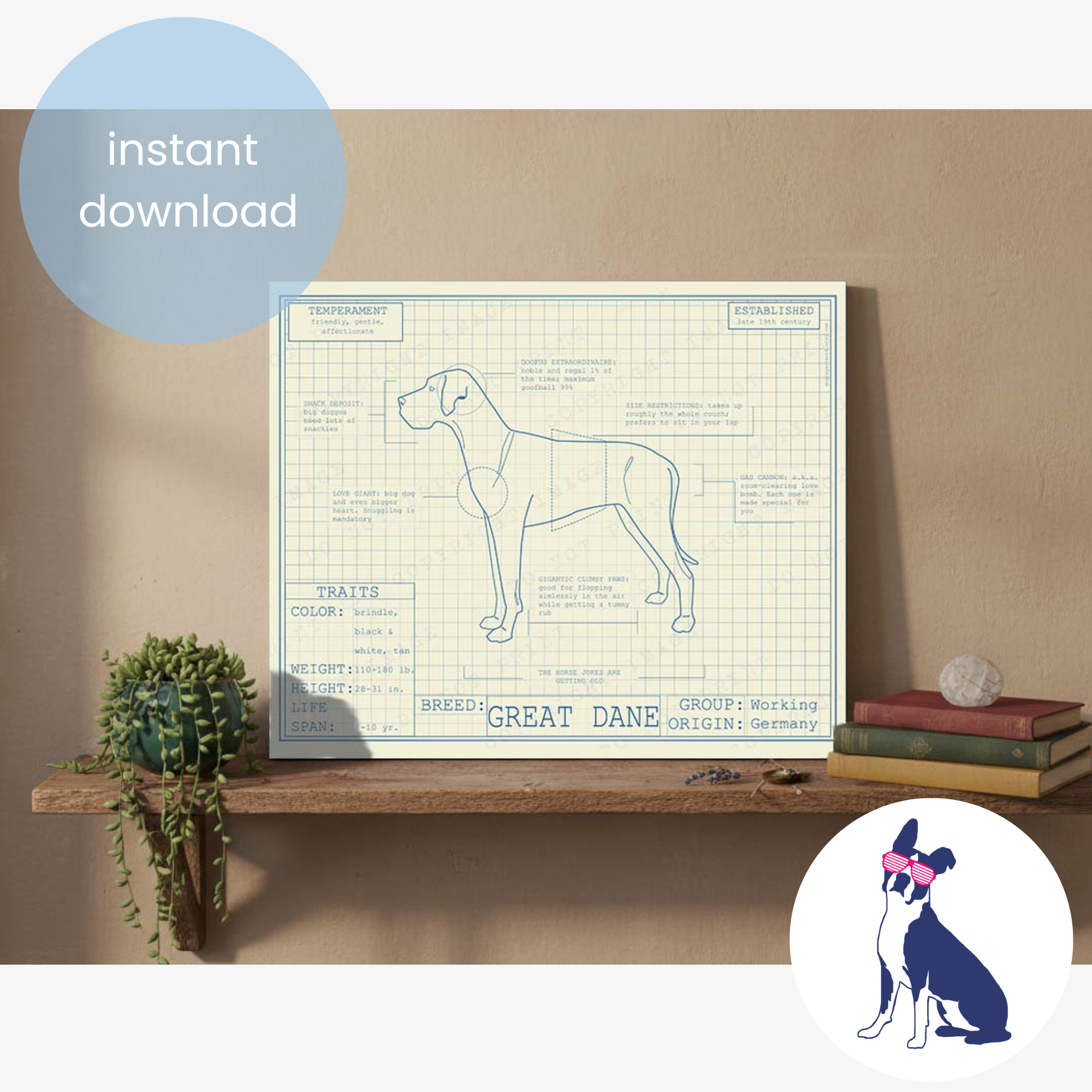 Downloadable Great Dane dog breed blueprint artwork