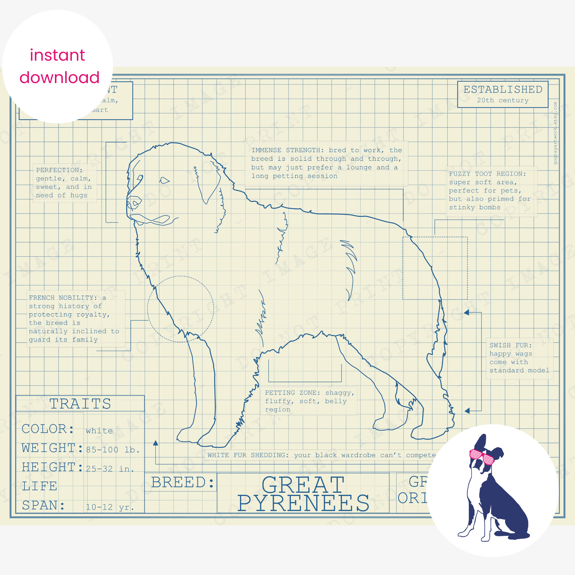 Downloadable great Pyrenees dog breed blueprint artwork