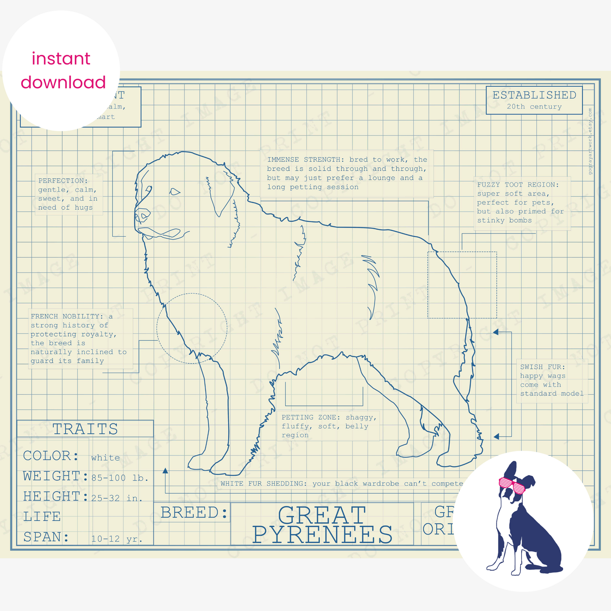Downloadable great Pyrenees dog breed blueprint artwork