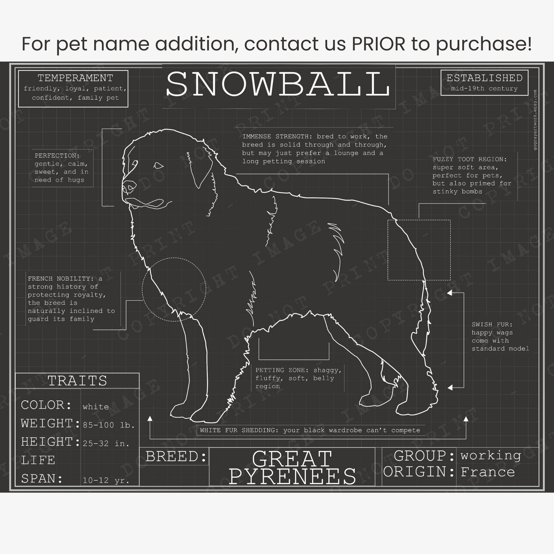 Downloadable great Pyrenees dog breed blueprint artwork