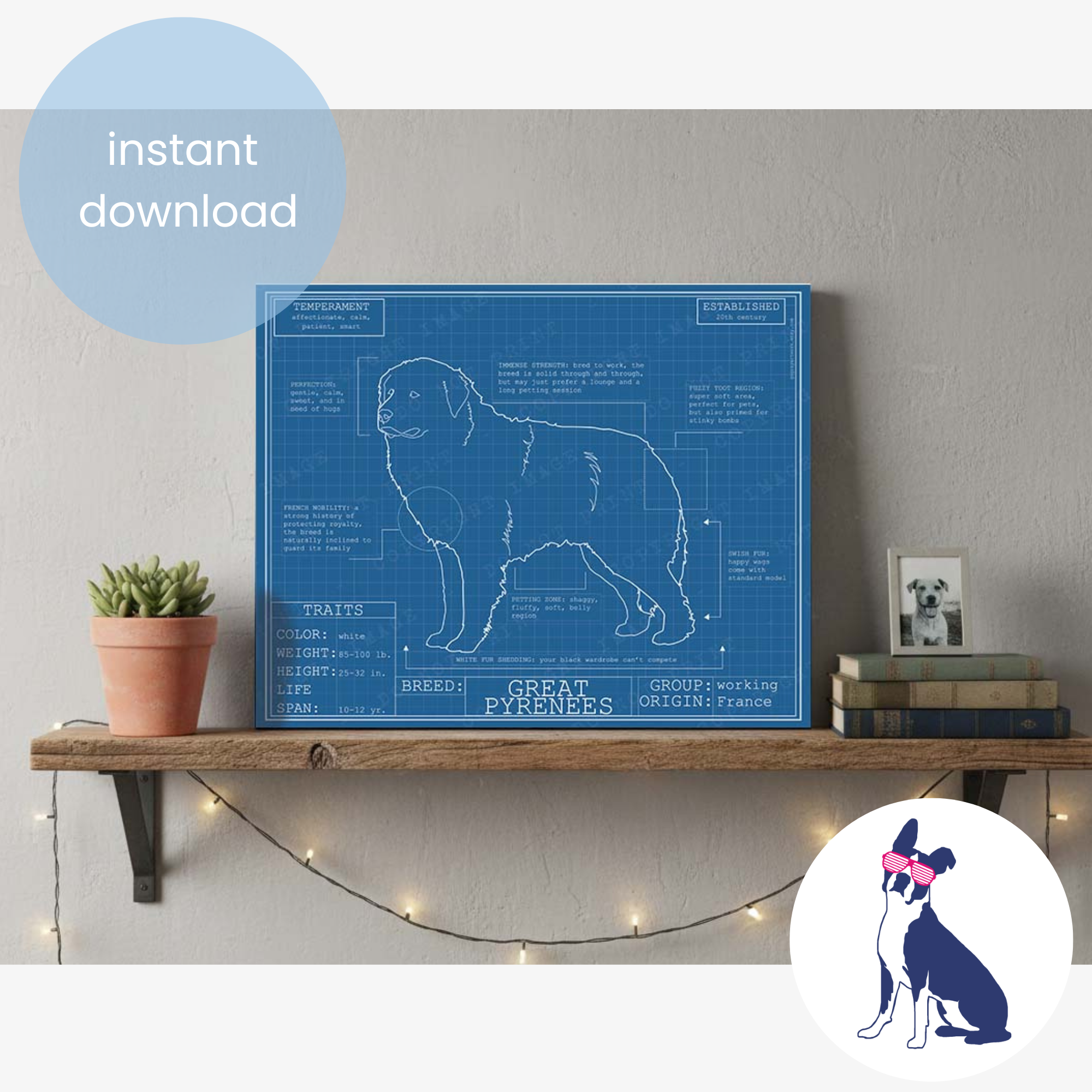 Downloadable great Pyrenees dog breed blueprint artwork