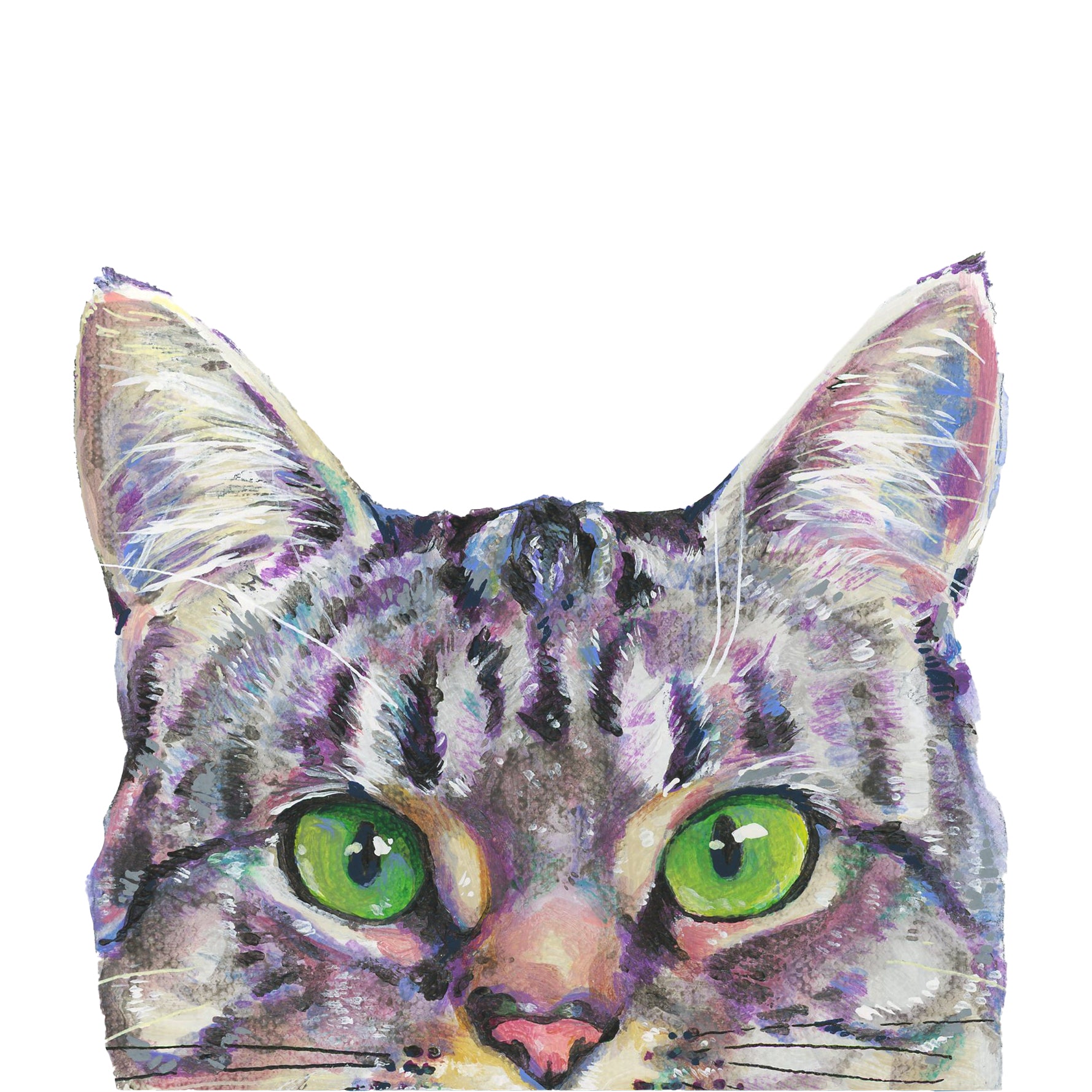 Acrylic painting of gray tabby cat peeking
