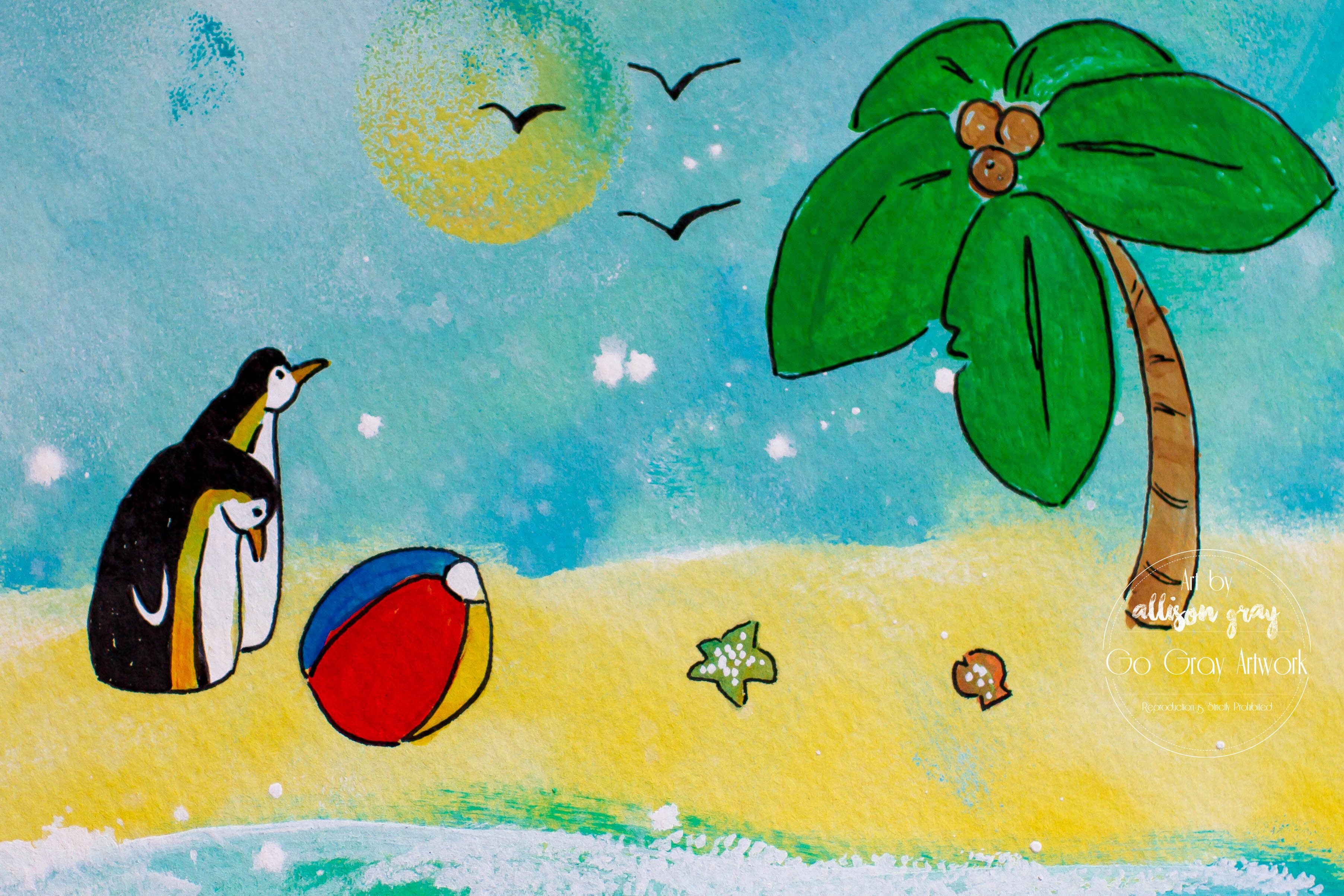 Cartoon Penguins Original Acrylic Painting