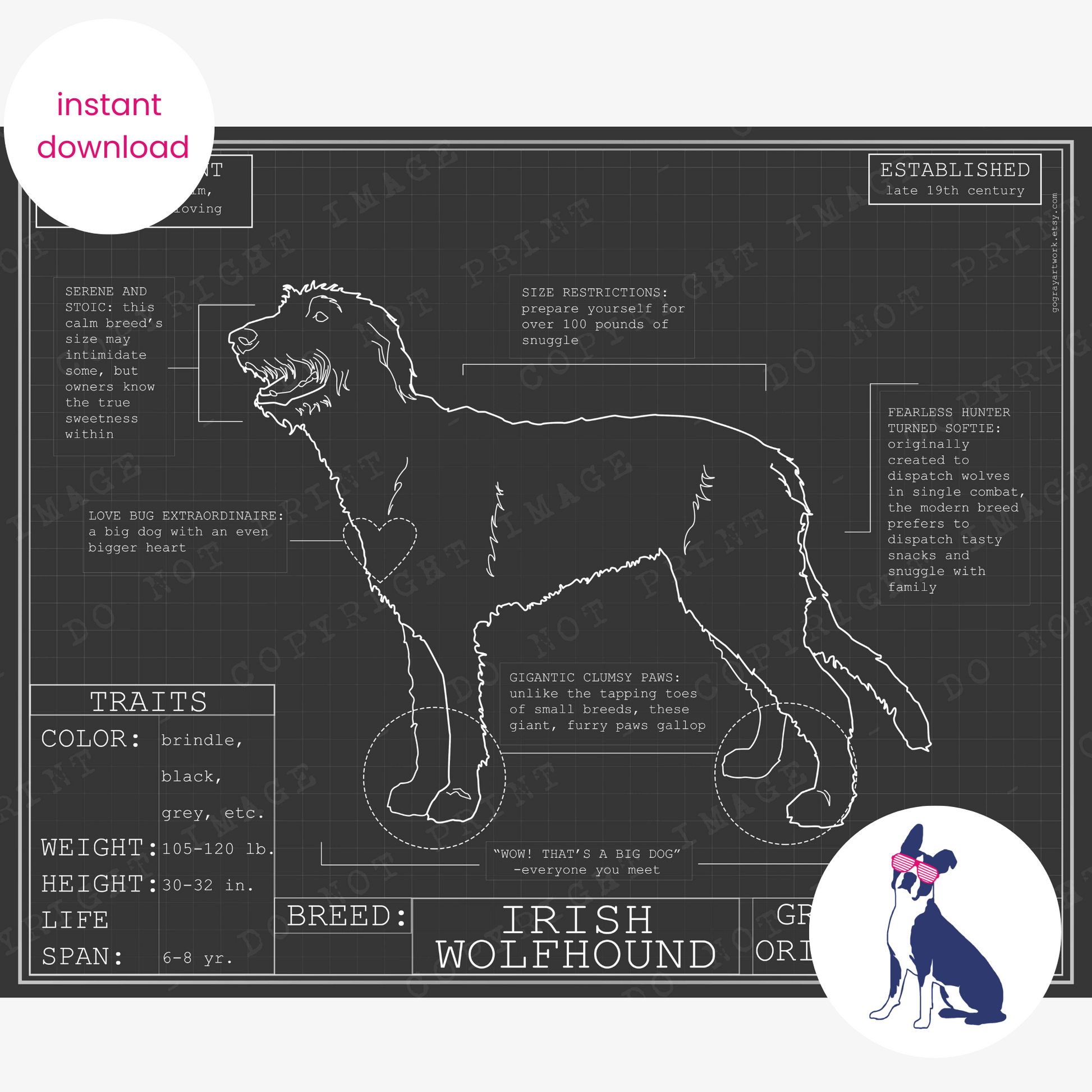 Downloadable Irish Wolfhound dog breed blueprint artwork