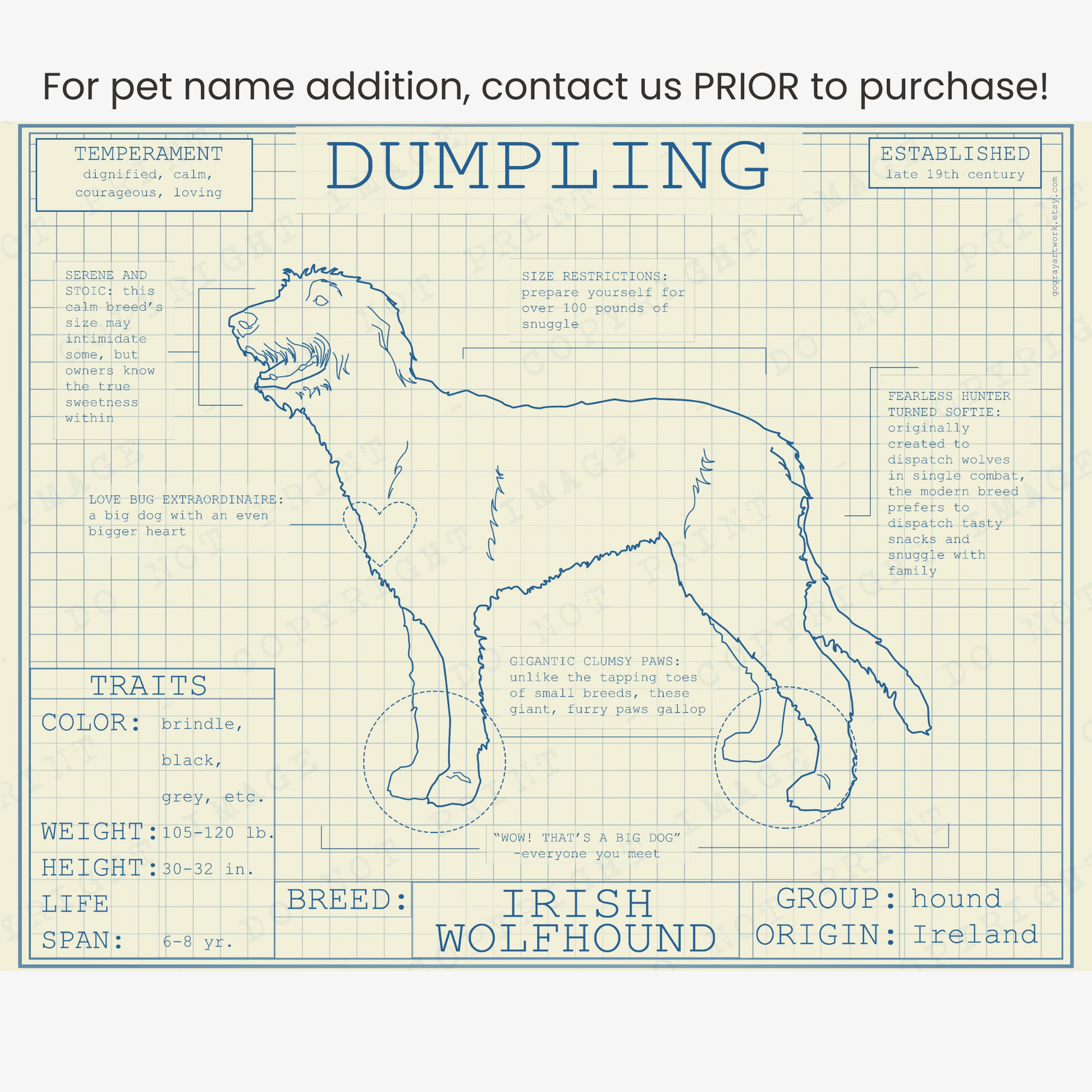 Downloadable Irish Wolfhound dog breed blueprint artwork