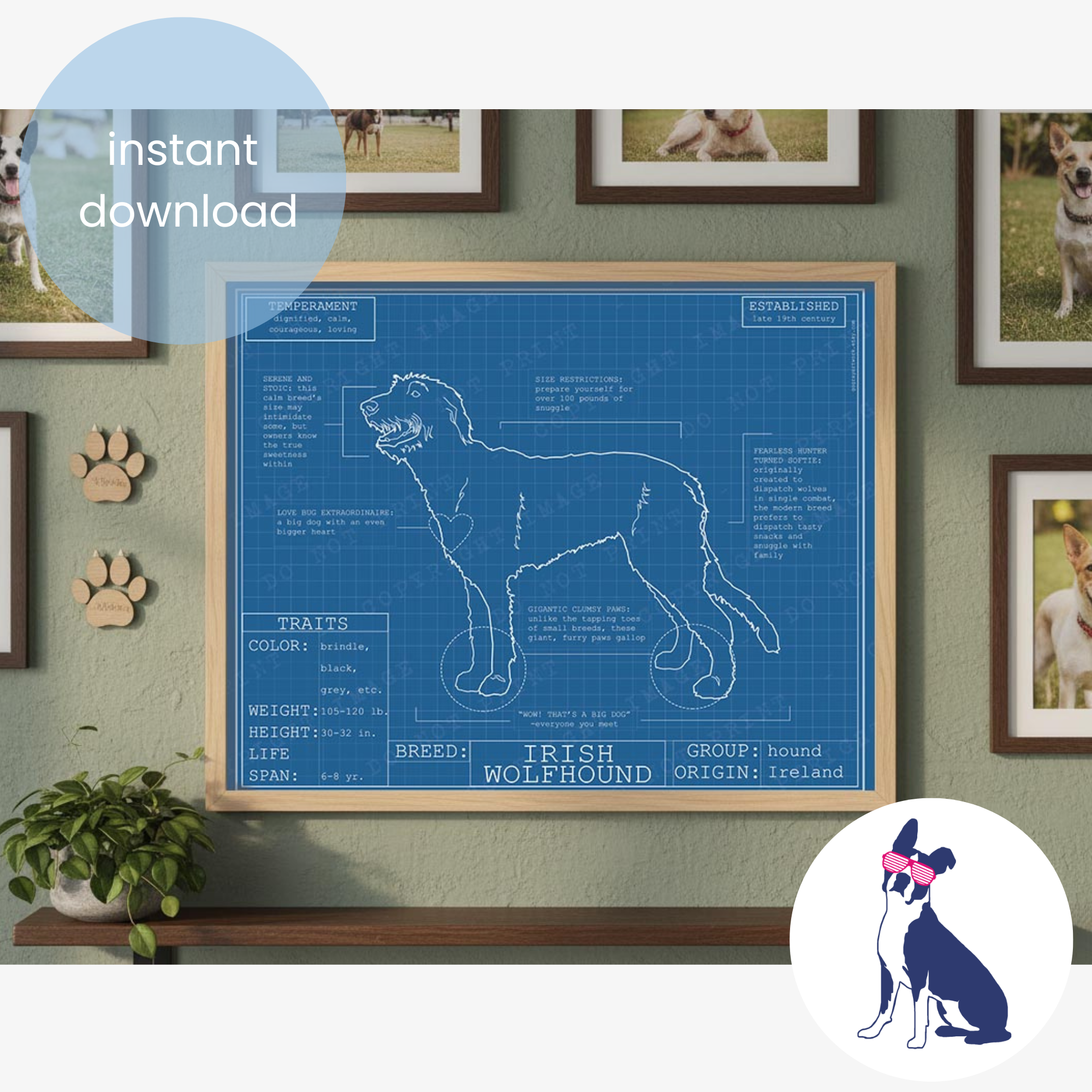 Downloadable Irish Wolfhound dog breed blueprint artwork