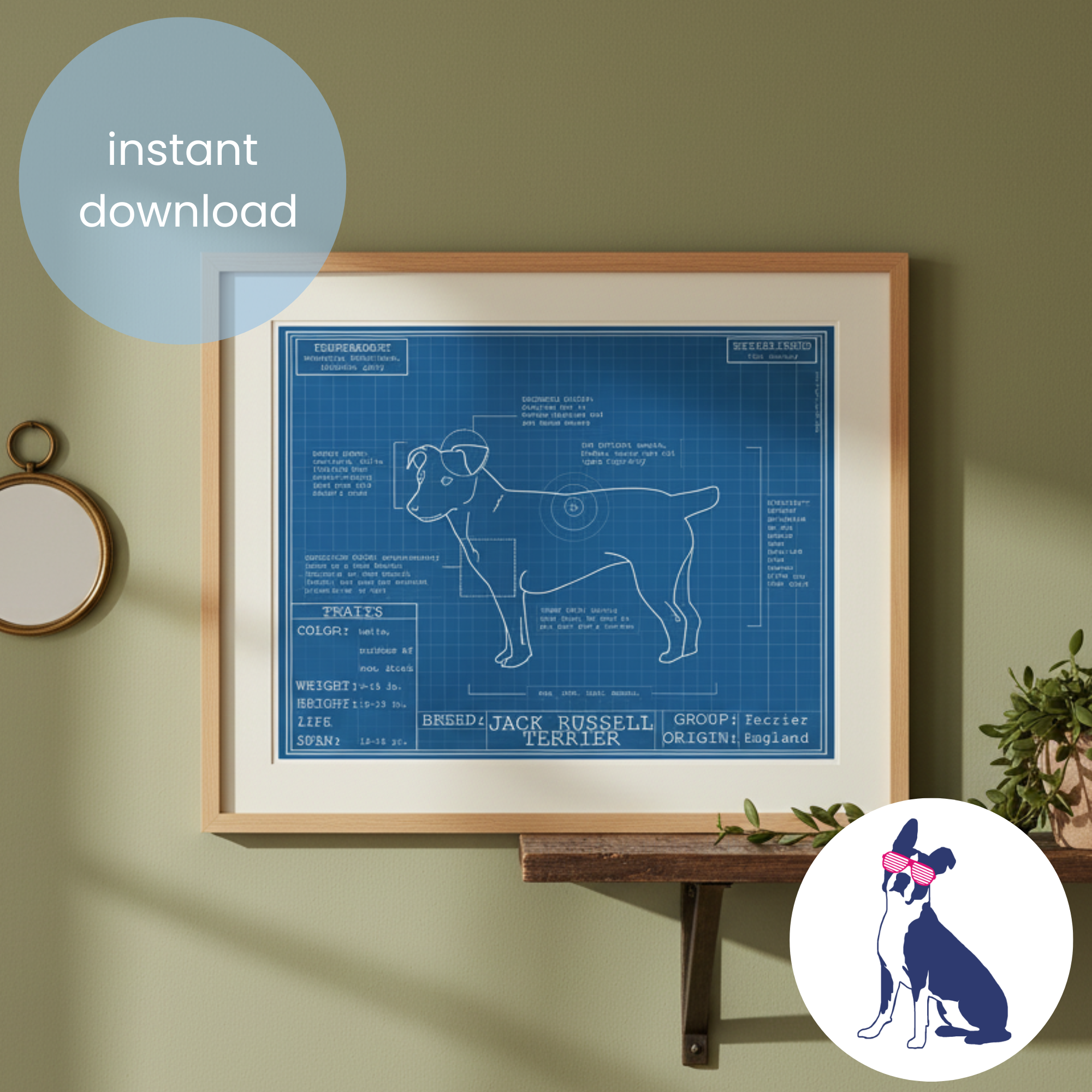 Downloadable Jack Russell Terrier dog breed blueprint artwork
