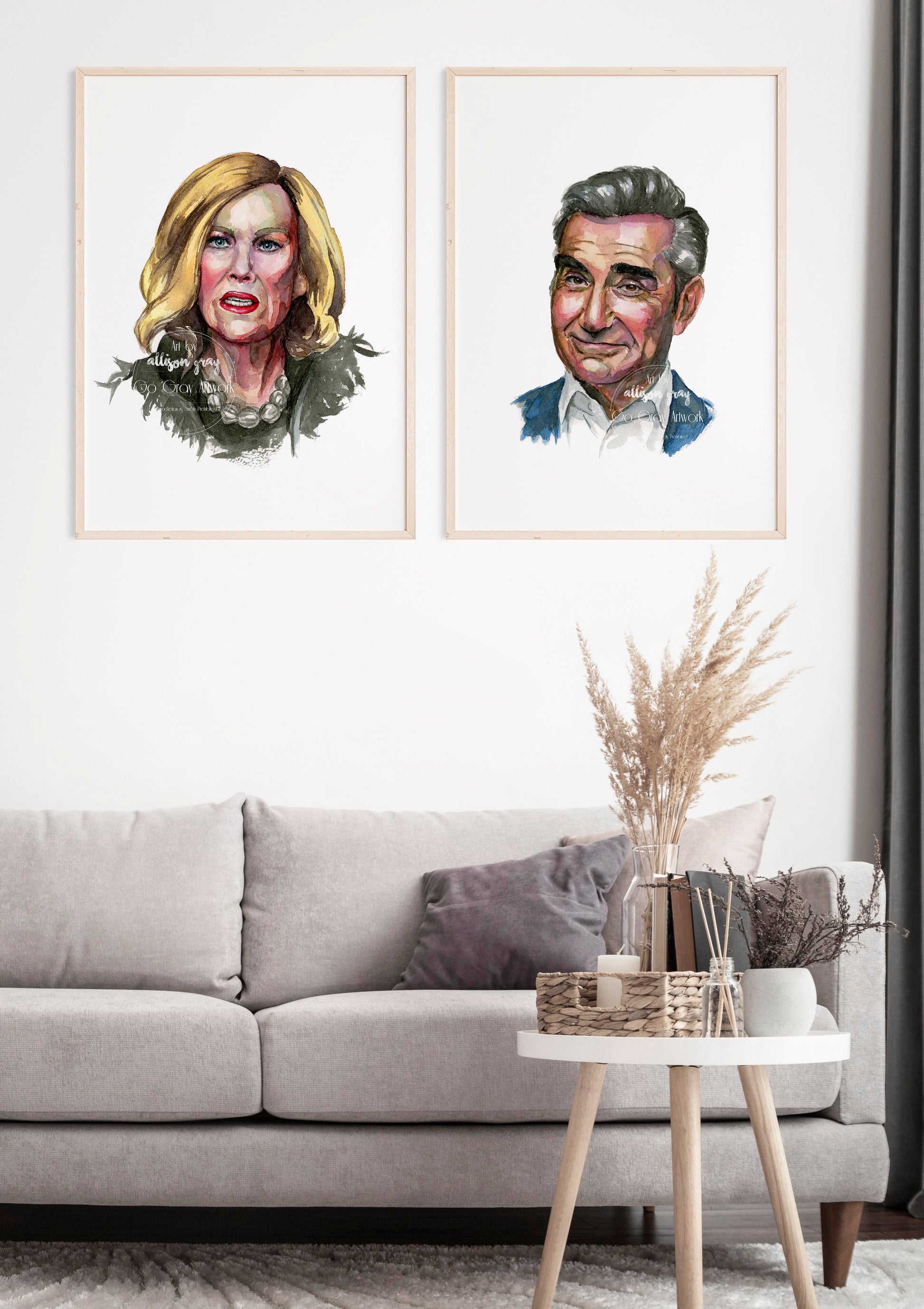 Original watercolor painting of characters Moira and Johnny Rose