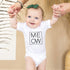 white onesie with 'MEOW' text