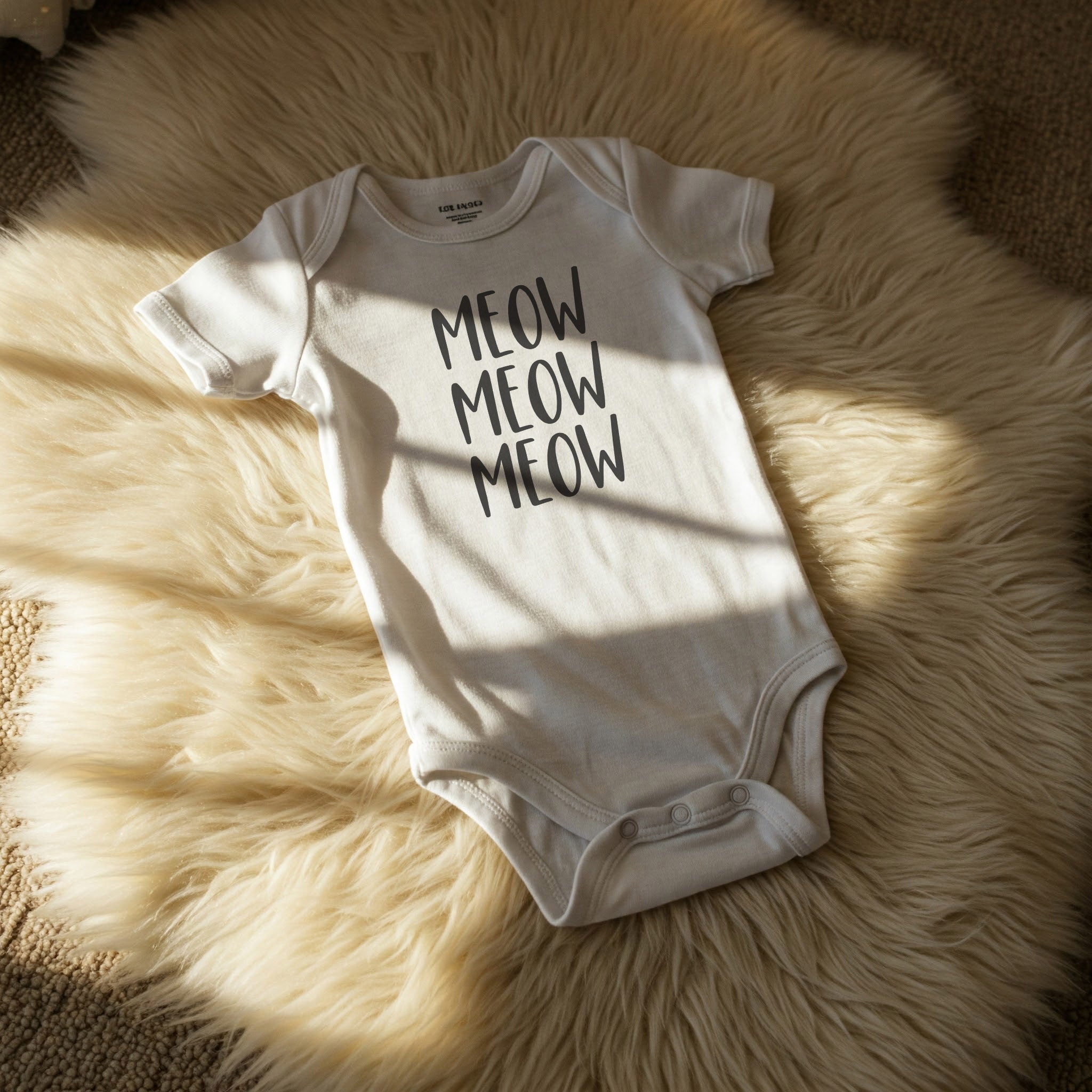 White baby onesie with 'MEOW MEOW MEOW' text