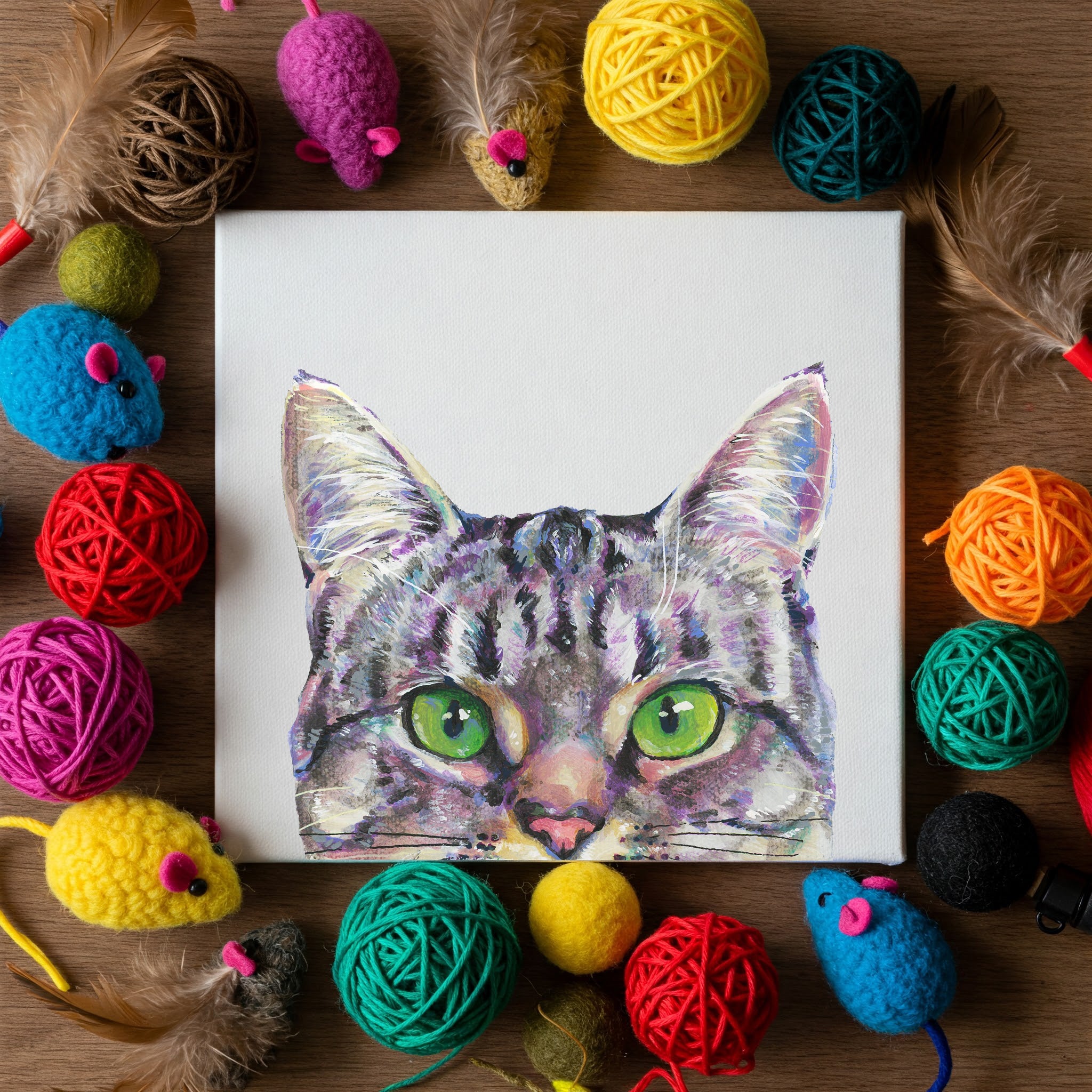 Acrylic painting on canvas of peeking gray tabby cat