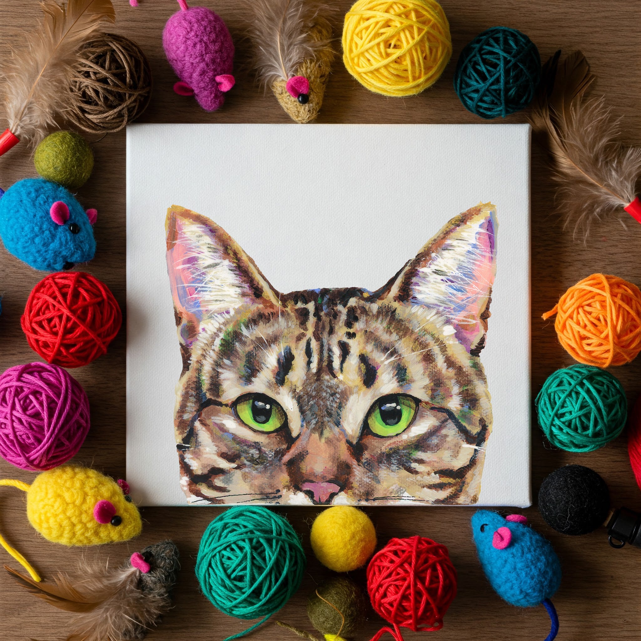 Acrylic painting of peeking brown tabby cat