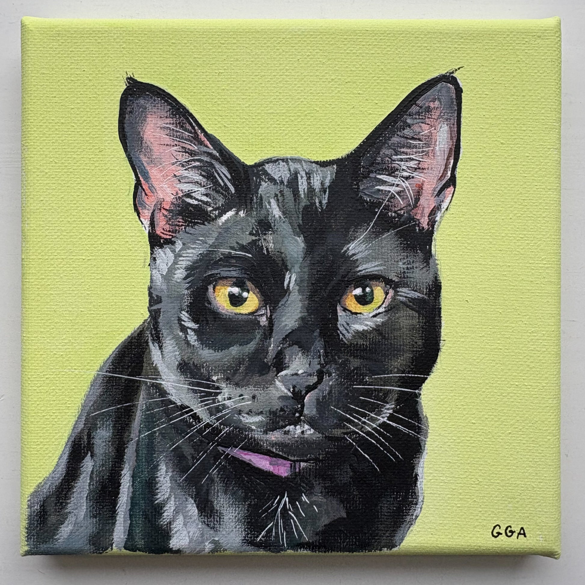 Painting of a black cat with yellow eyes on a green background