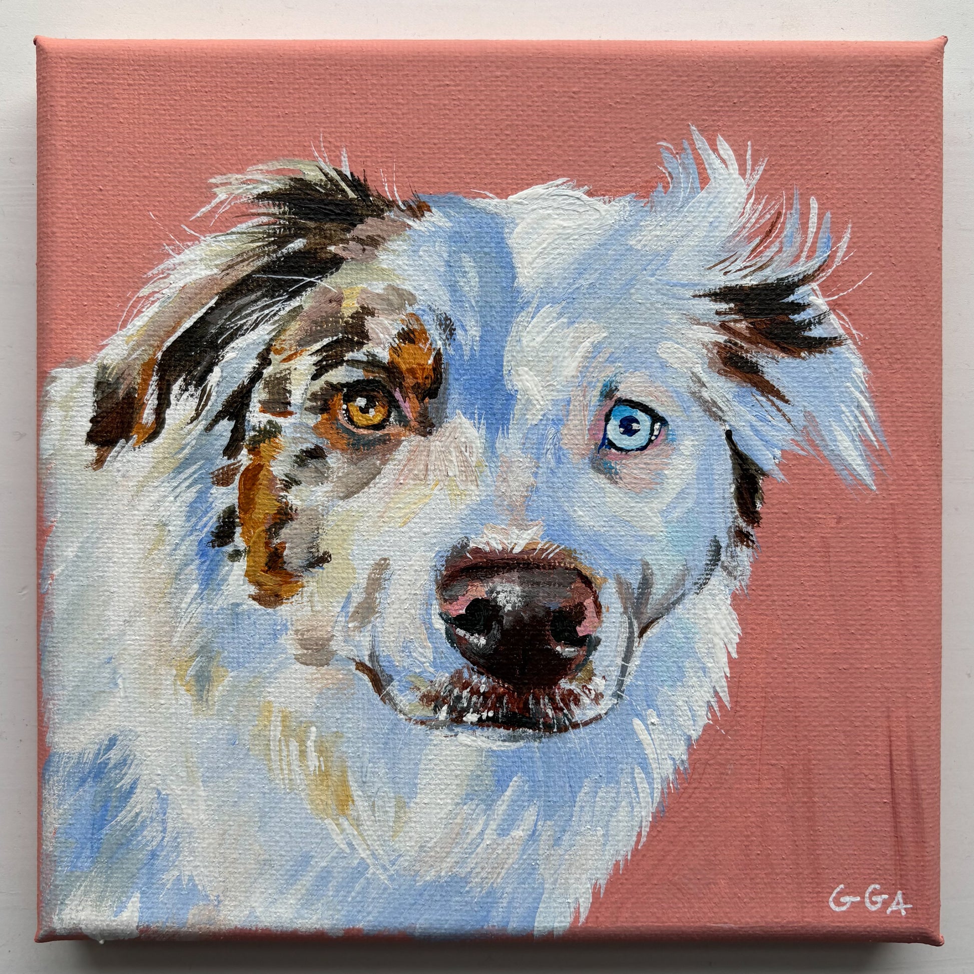 Painting of a dog with multicolored eyes on a pink background