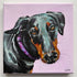 Painting of a black and brown dog on a pink background