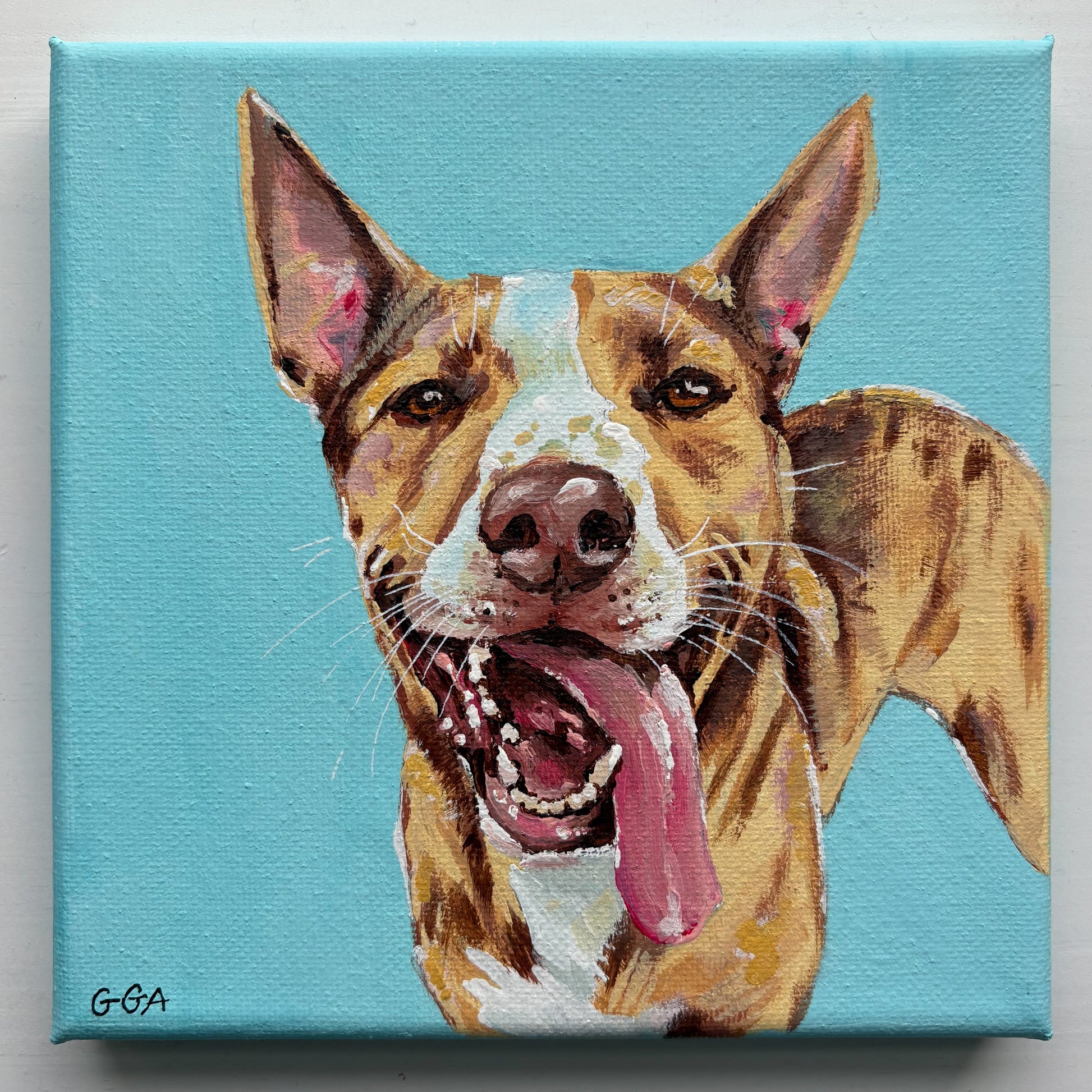 Painting of a dog with a blue background