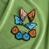 Butterfly-shaped earrings with blue and orange wings on a white background