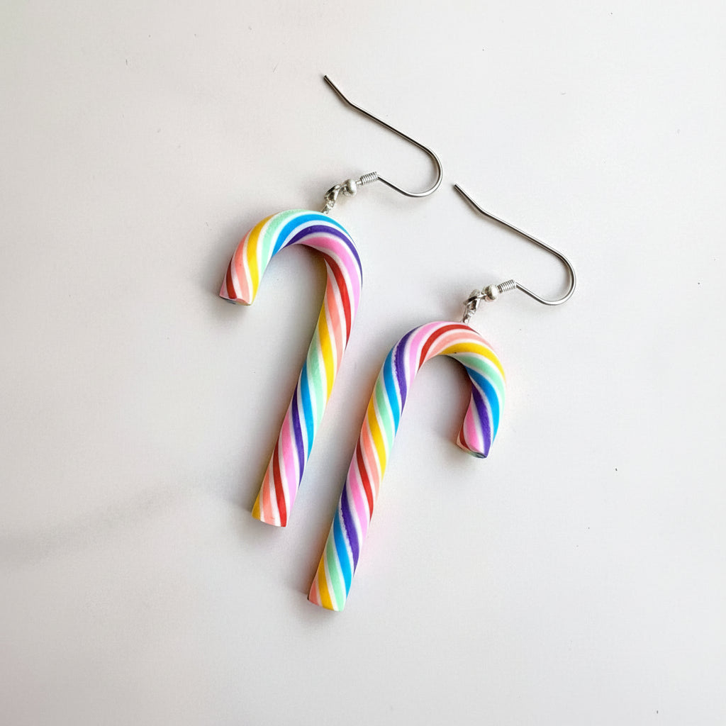 Colorful candy cane-shaped earrings on a white background