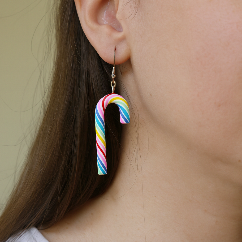Candy cane-shaped earrings worn by a person with a neutral background