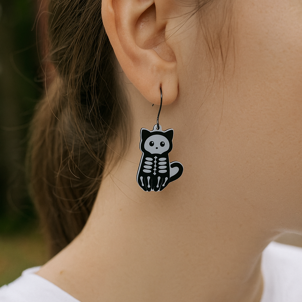 Person wearing a black cat skeleton earring.