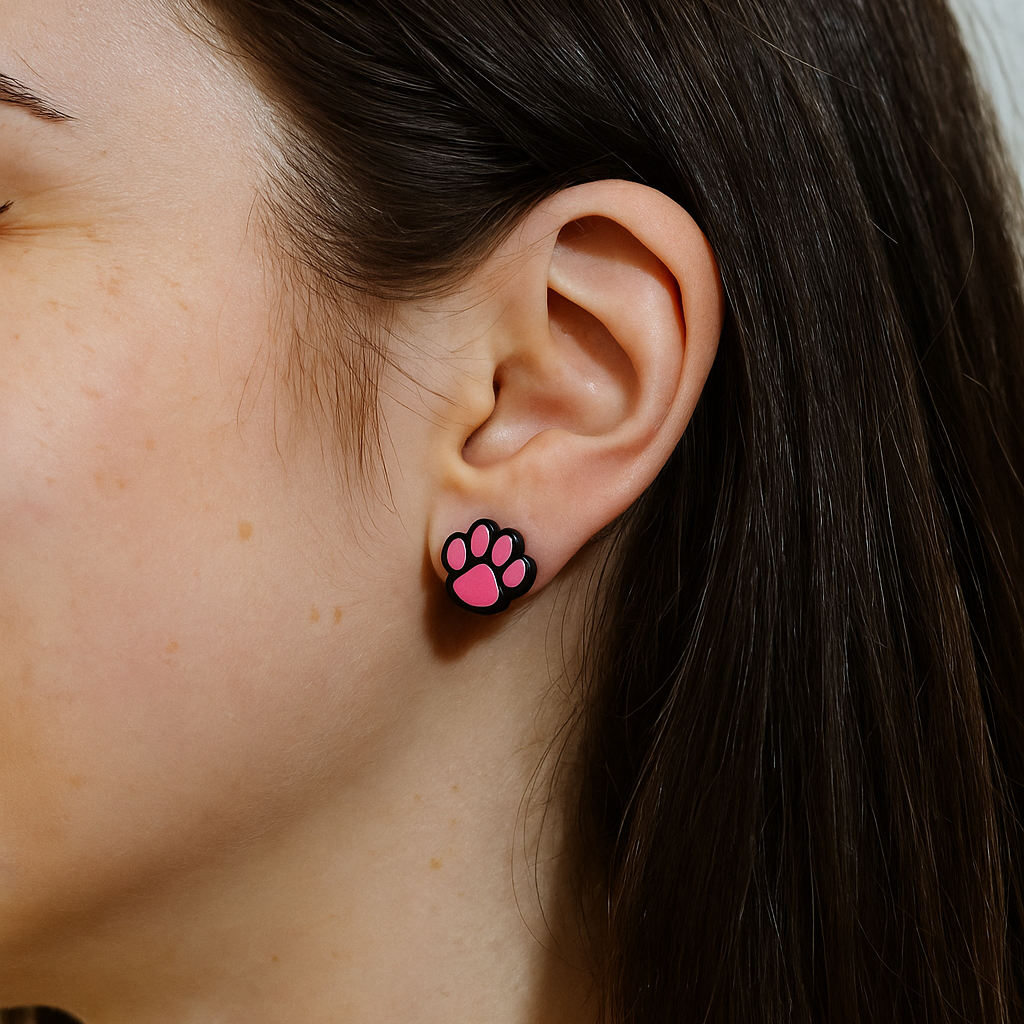Close-up of a person wearing pink paw print earrings.