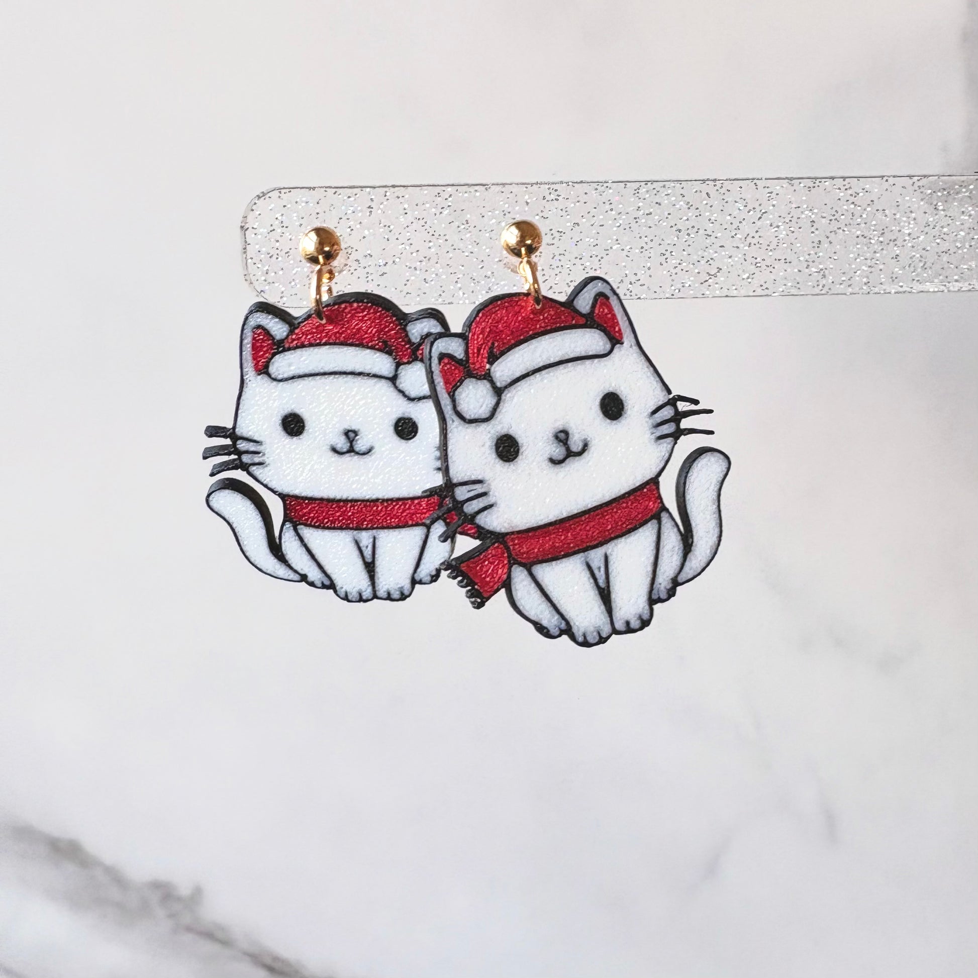 Winter Cat Christmas Drop Earrings