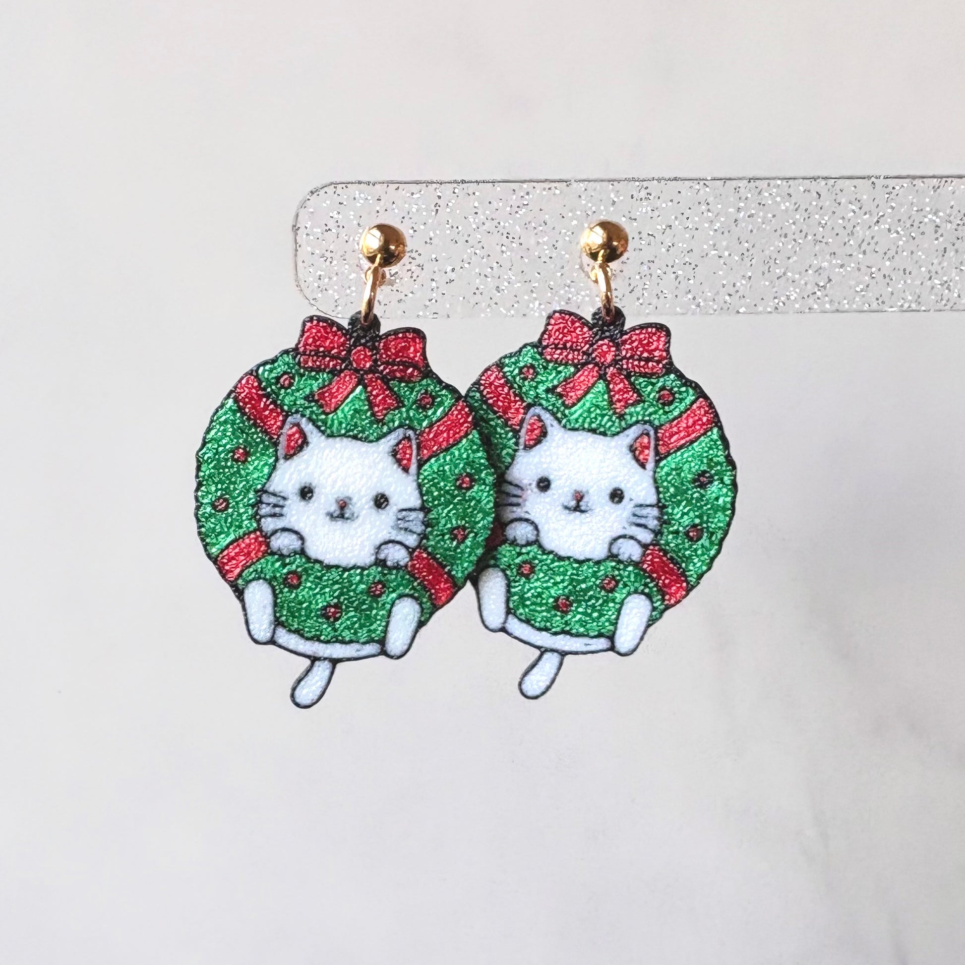 Christmas Wreath Cat Drop Earrings