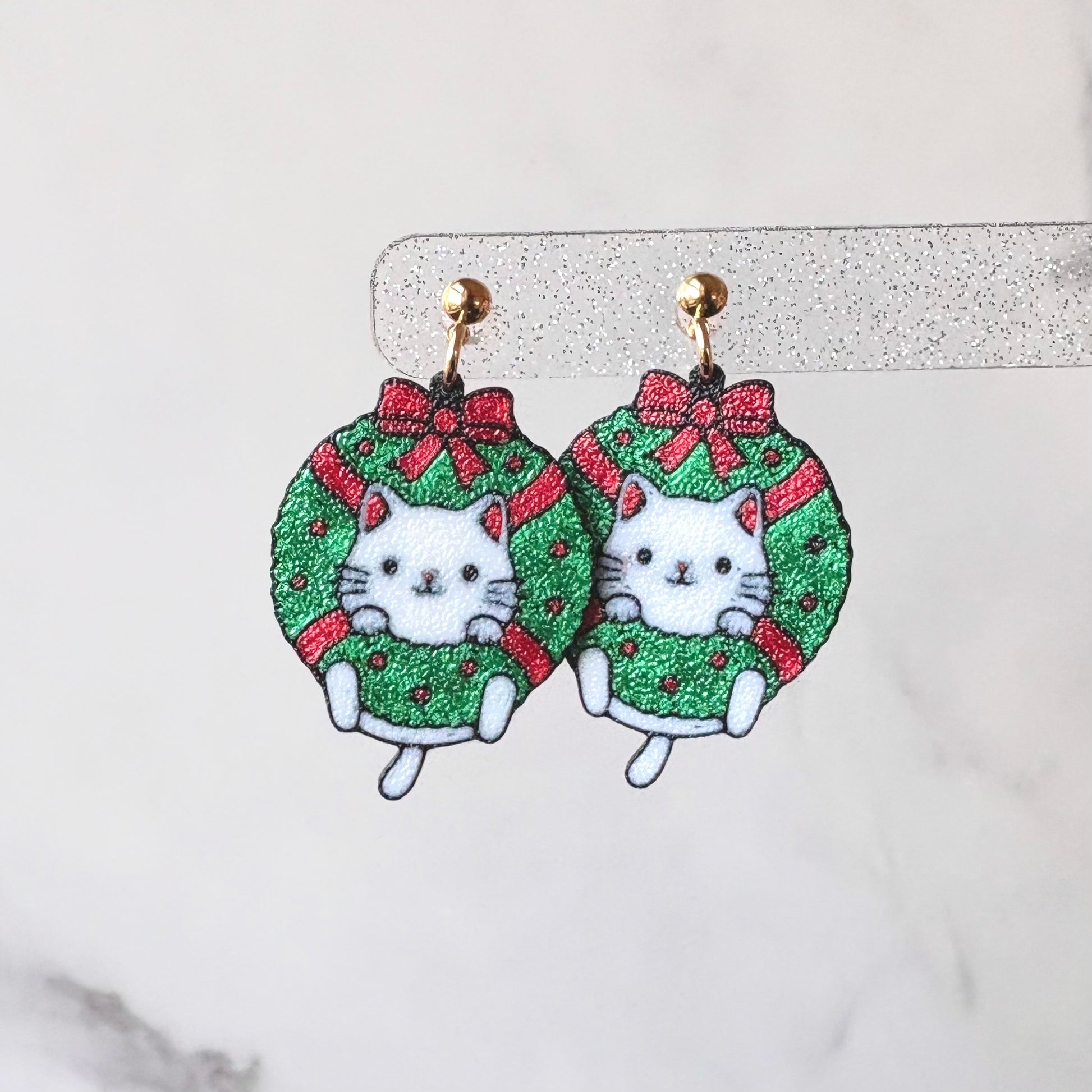 Christmas Wreath Cat Drop Earrings