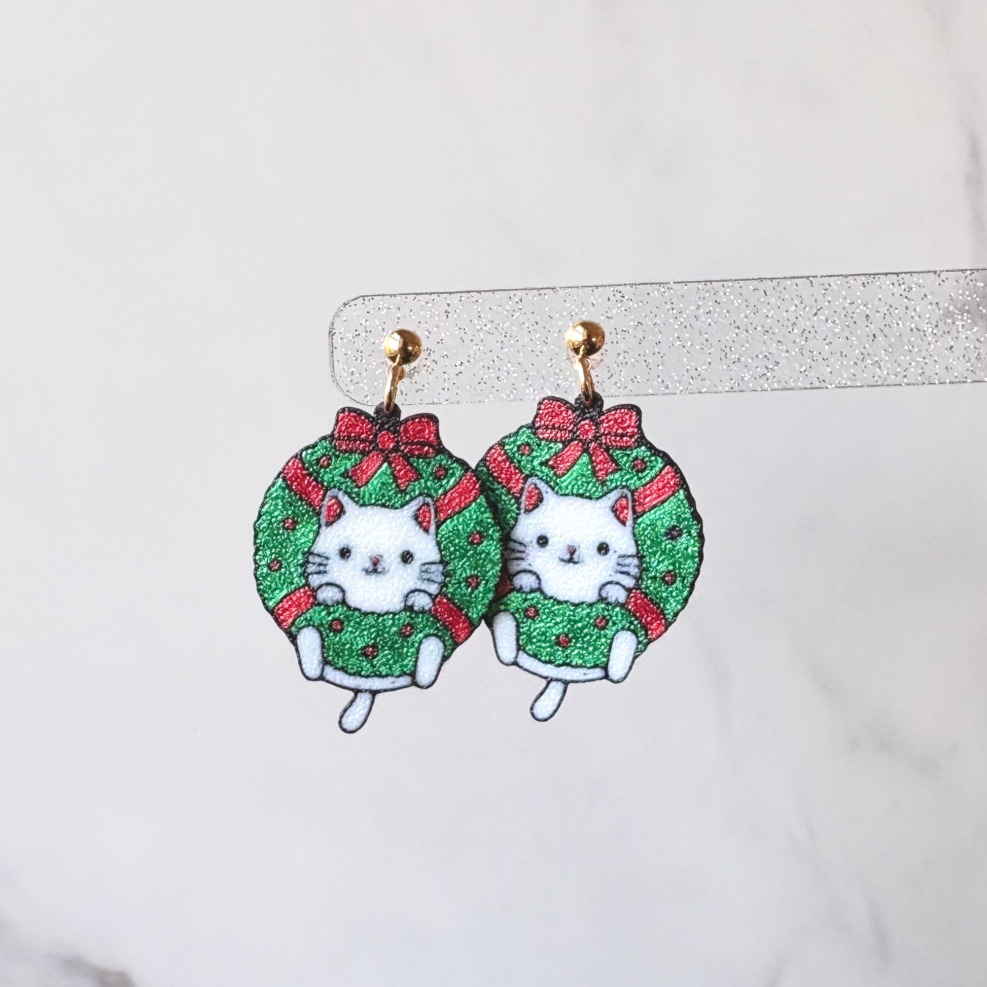Christmas Wreath Cat Drop Earrings