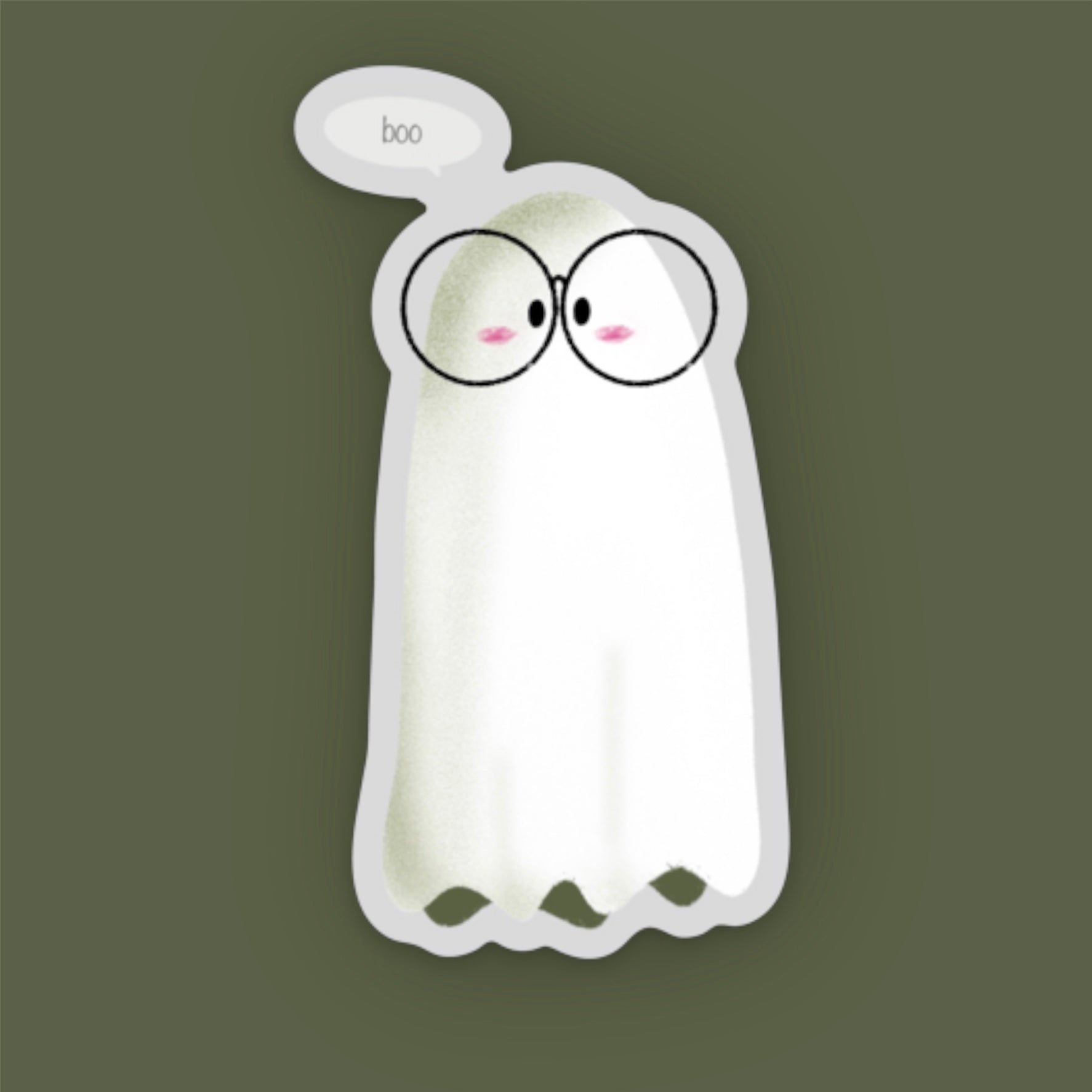 Cartoon ghost sticker with glasses and 'boo' text