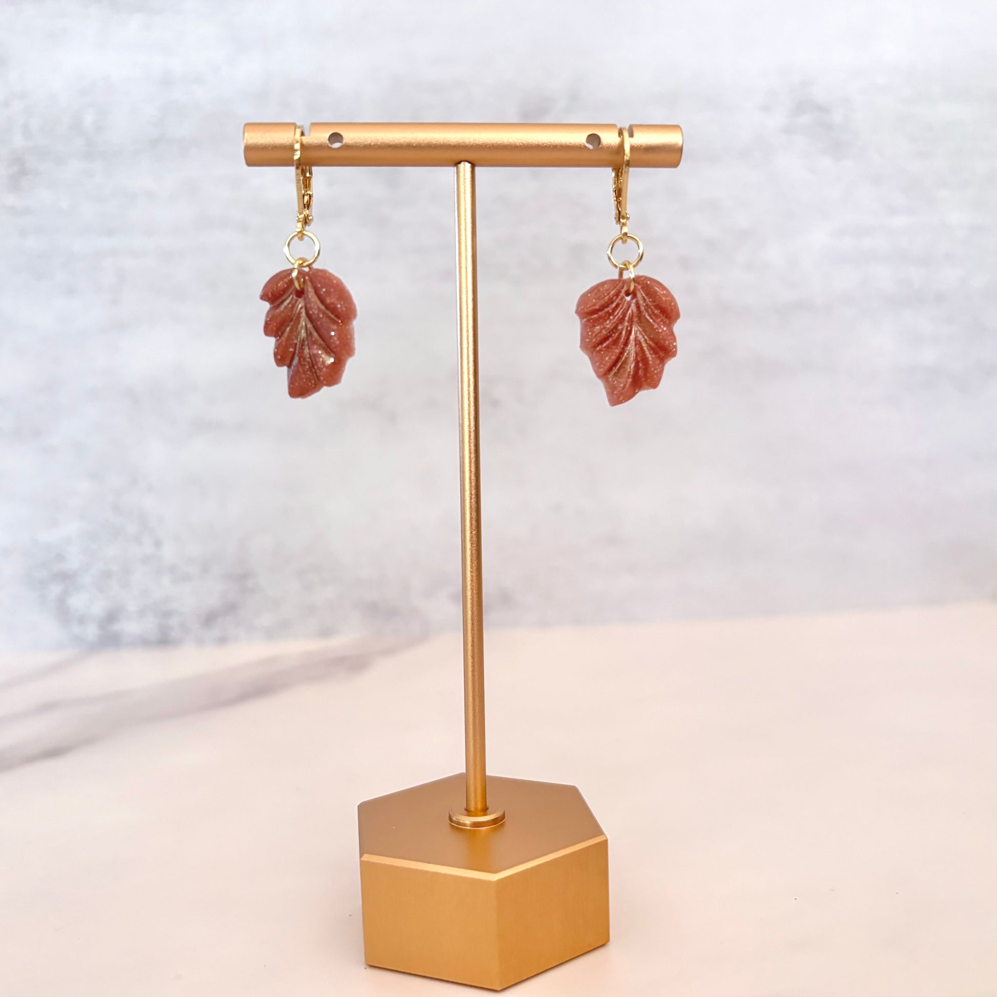 Shimmery brown leaf drop earrings with gold findings