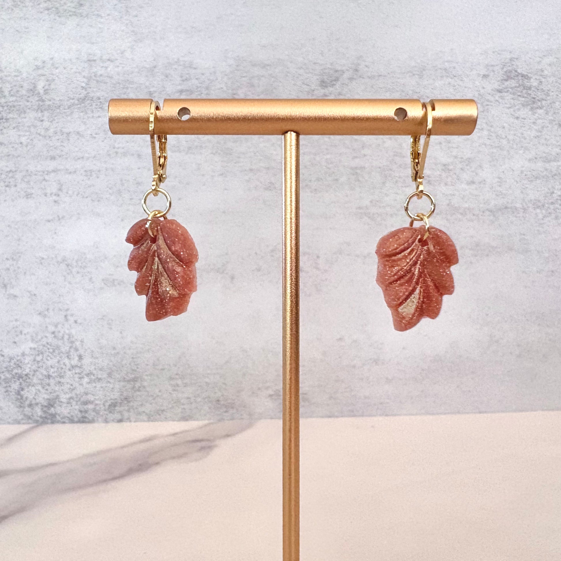 Shimmery brown leaf drop earrings with gold findings