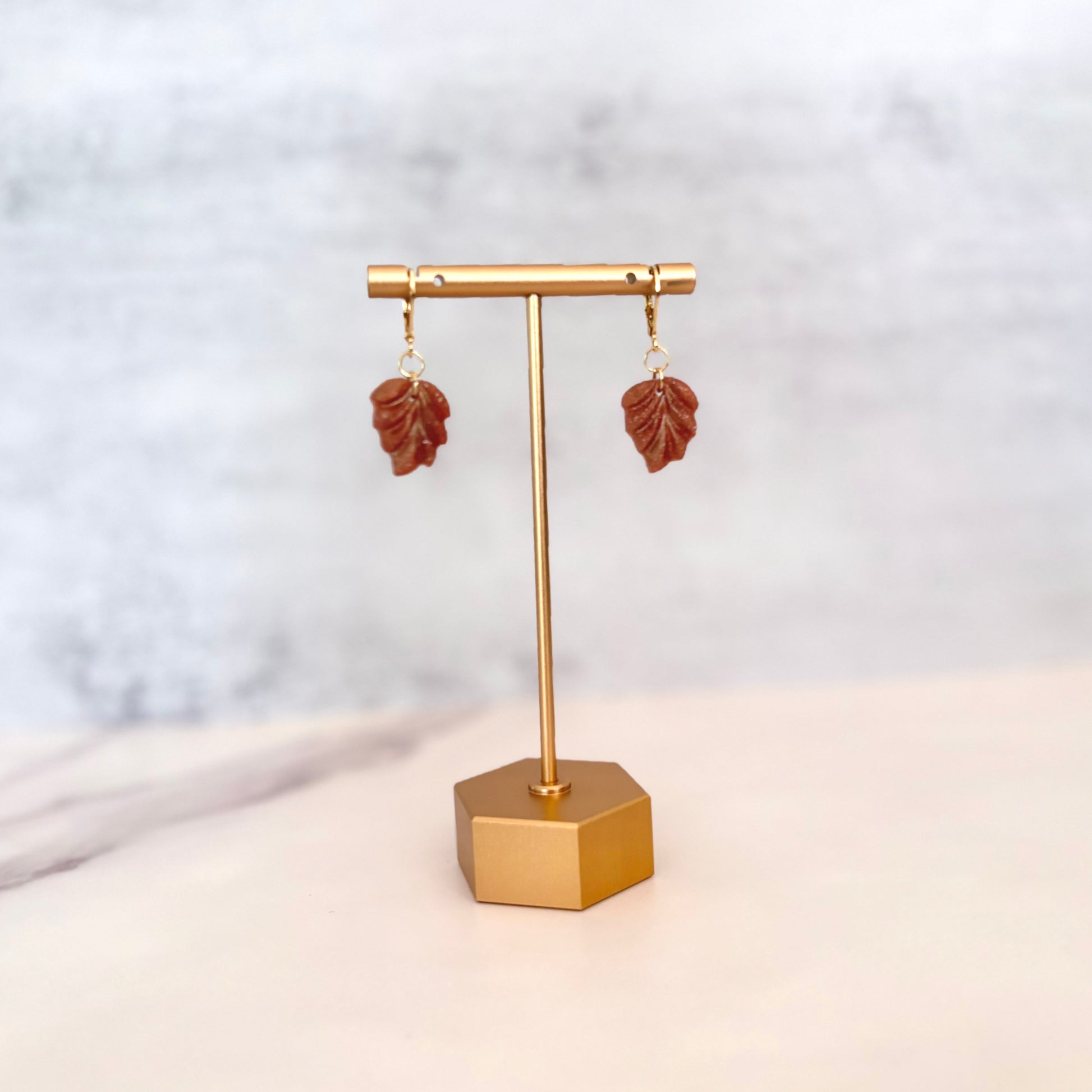 Shimmery brown leaf drop earrings with gold findings