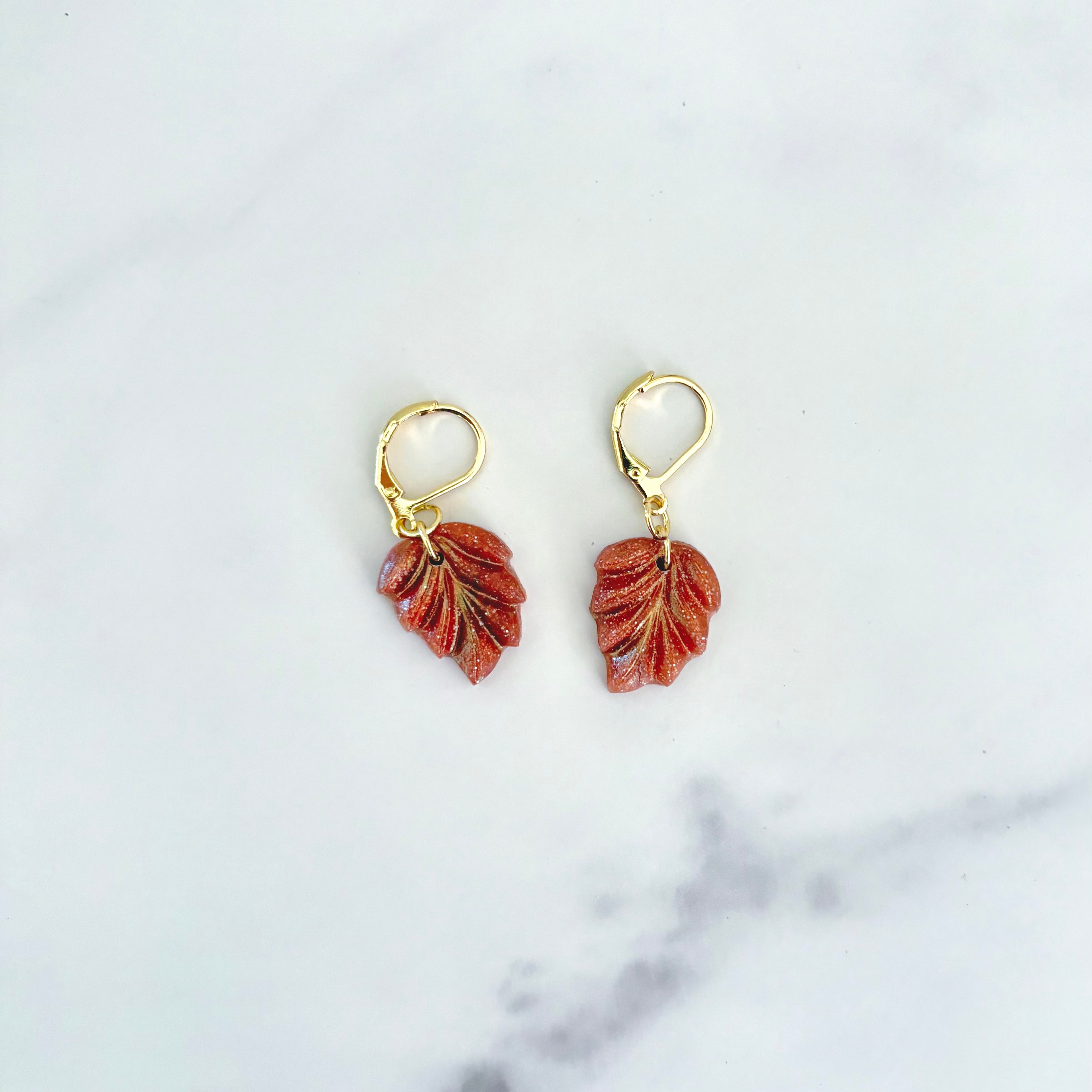 Shimmery brown leaf drop earrings with gold findings