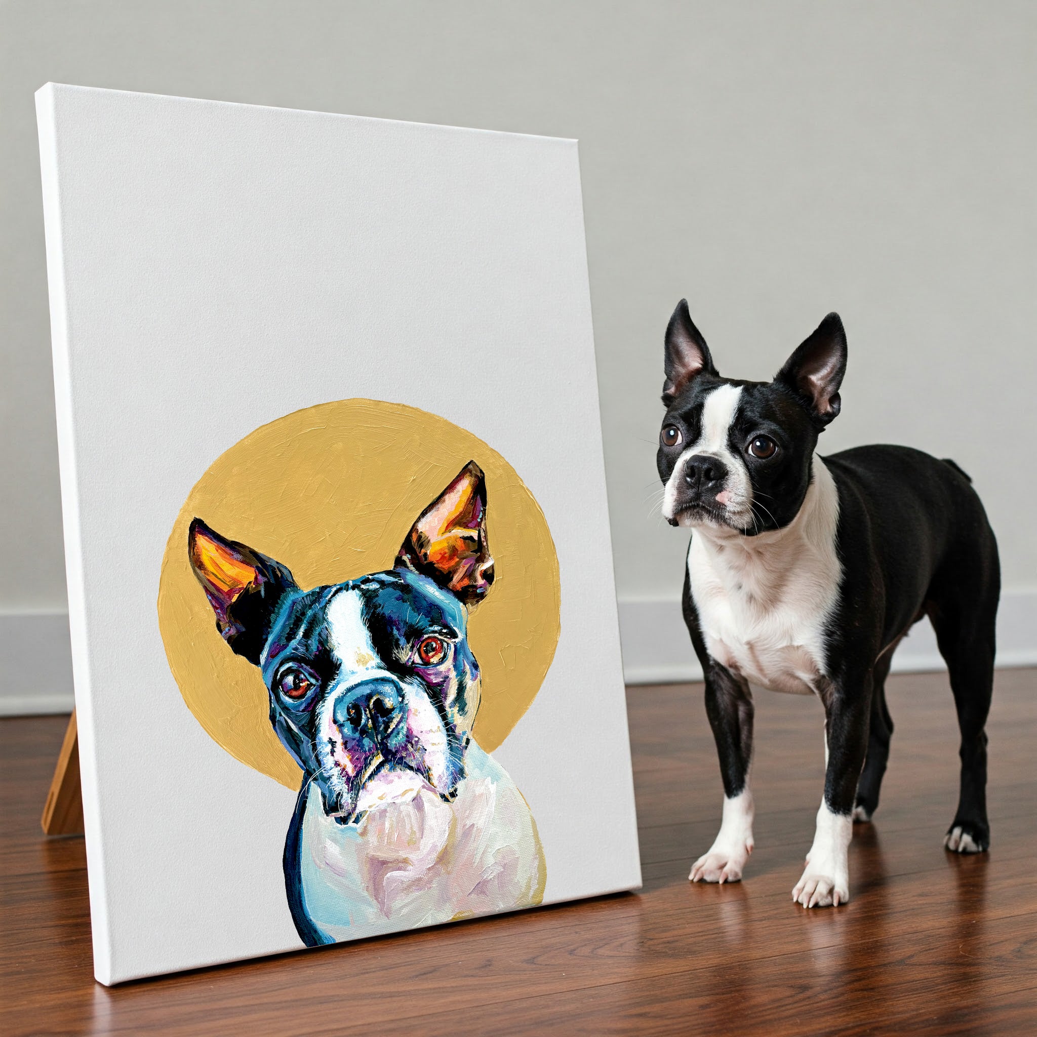 Dog standing next to a painting of Boston Terrier on a white surface.