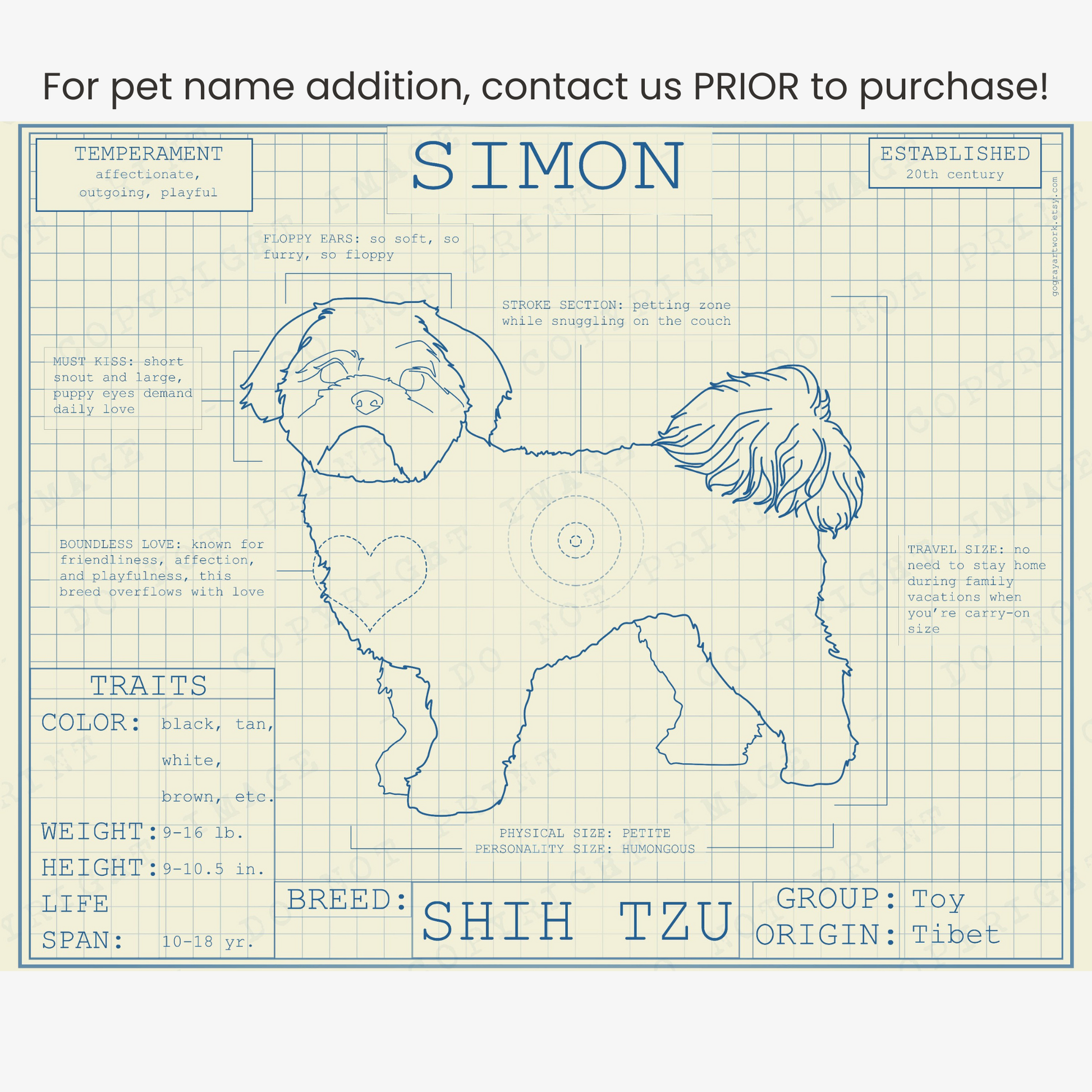 Downloadable Shih Tzu dog breed blueprint artwork