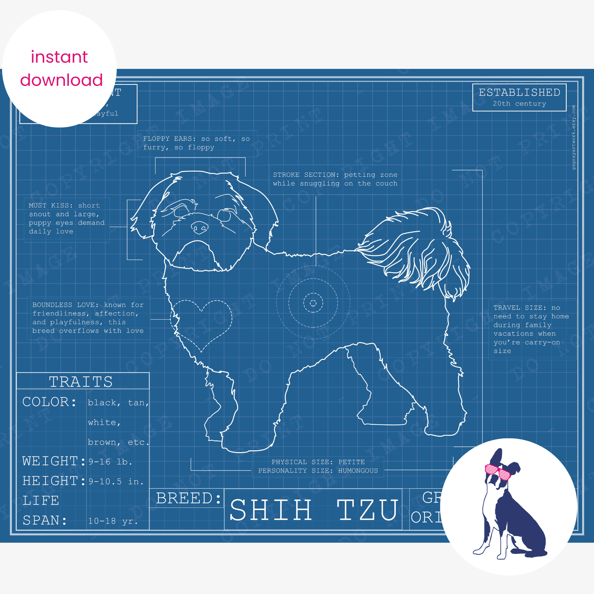 Downloadable Shih Tzu dog breed blueprint artwork