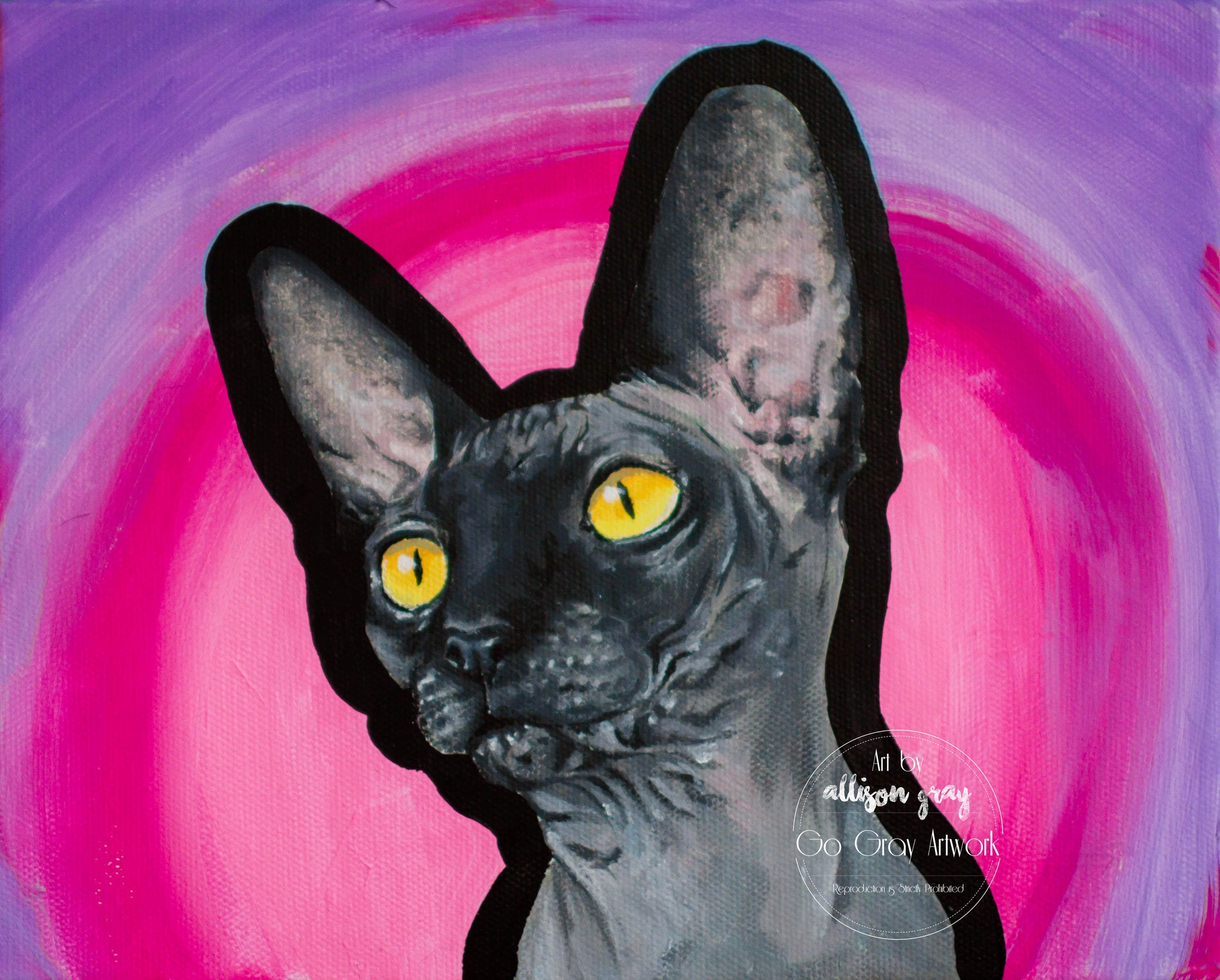 Painting of a sphynx cat with a colorful abstract background