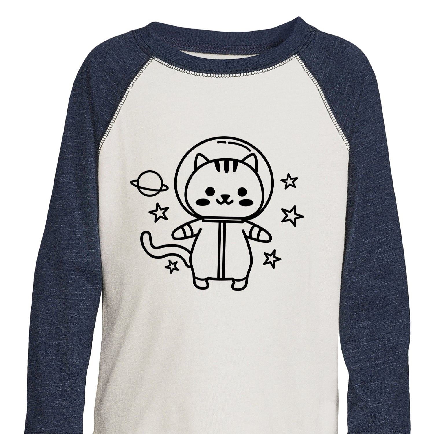 Long-sleeve shirt with a cat in a space suit graphic on a white background