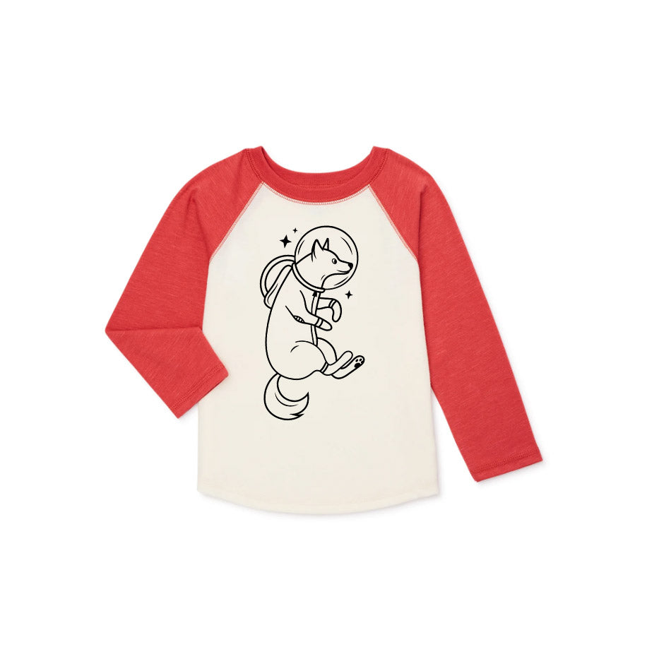 Children's long-sleeve shirt with red sleeves and white body featuring a dog graphic on a white background