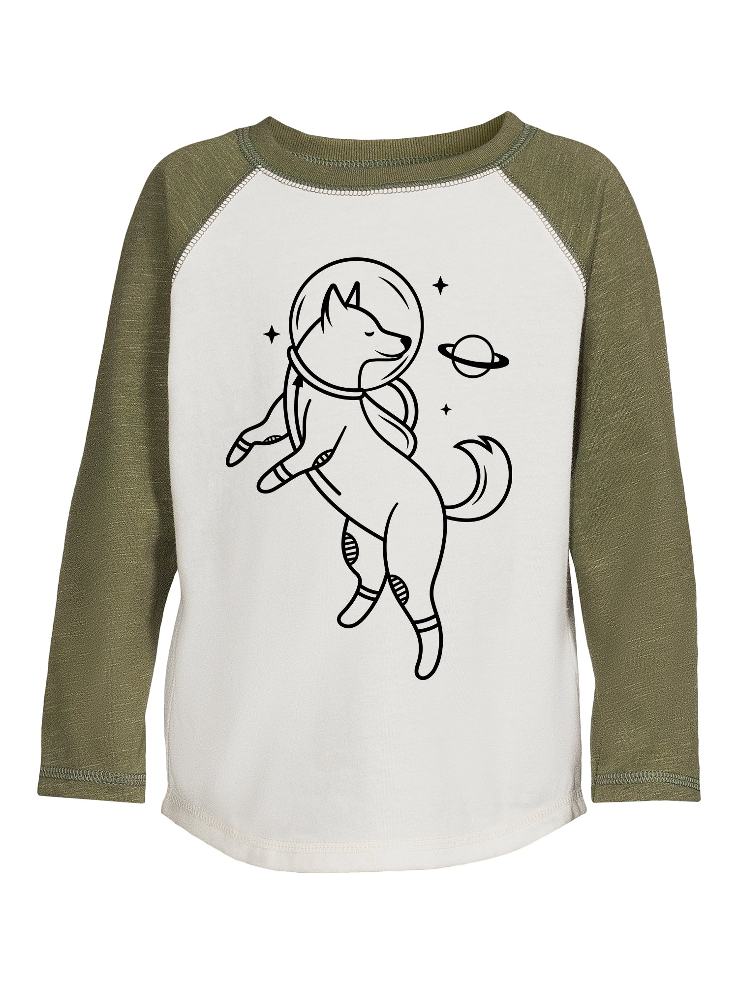 Children's baseball shirt with a space dog design on a white background