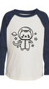 Long-sleeve kids shirt with a cat in a space suit graphic on a white background