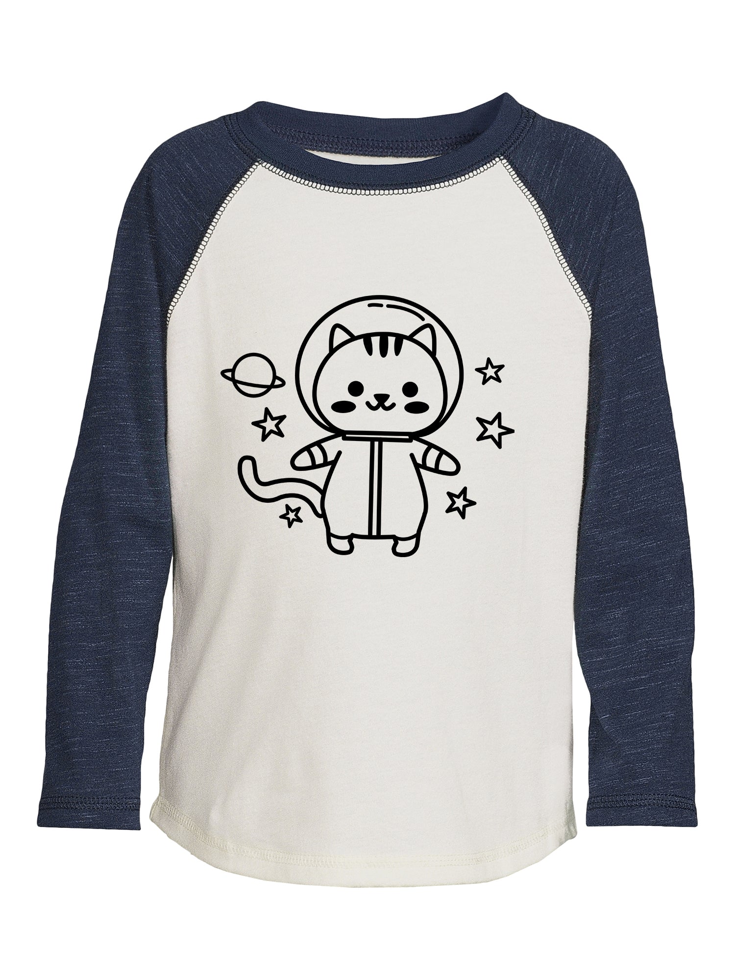 Long-sleeve kids shirt with a cat in a space suit graphic on a white background