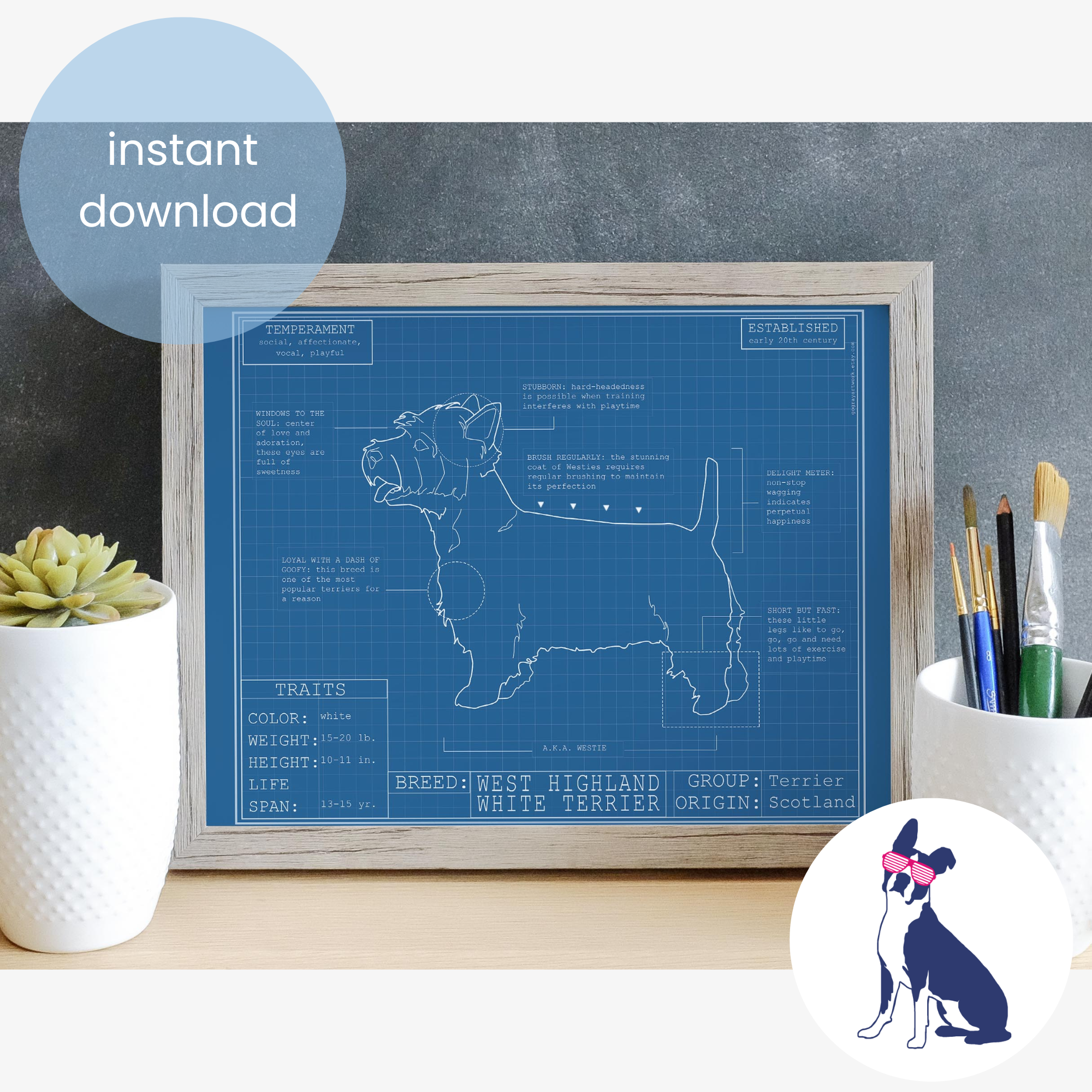 Downloadable West Highland Terrier dog breed blueprint artwork