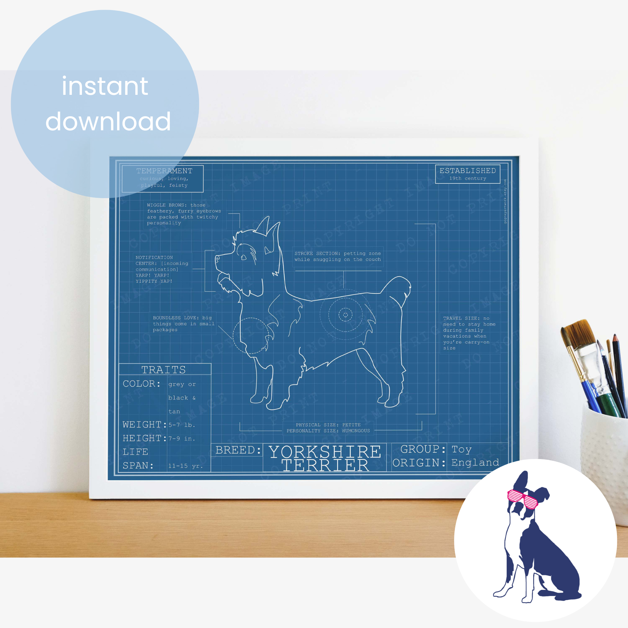 Downloadable Yorkshire Terrier dog breed blueprint artwork