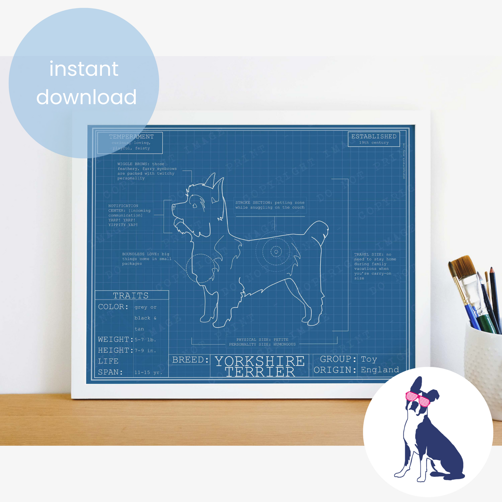 Downloadable Yorkshire Terrier dog breed blueprint artwork
