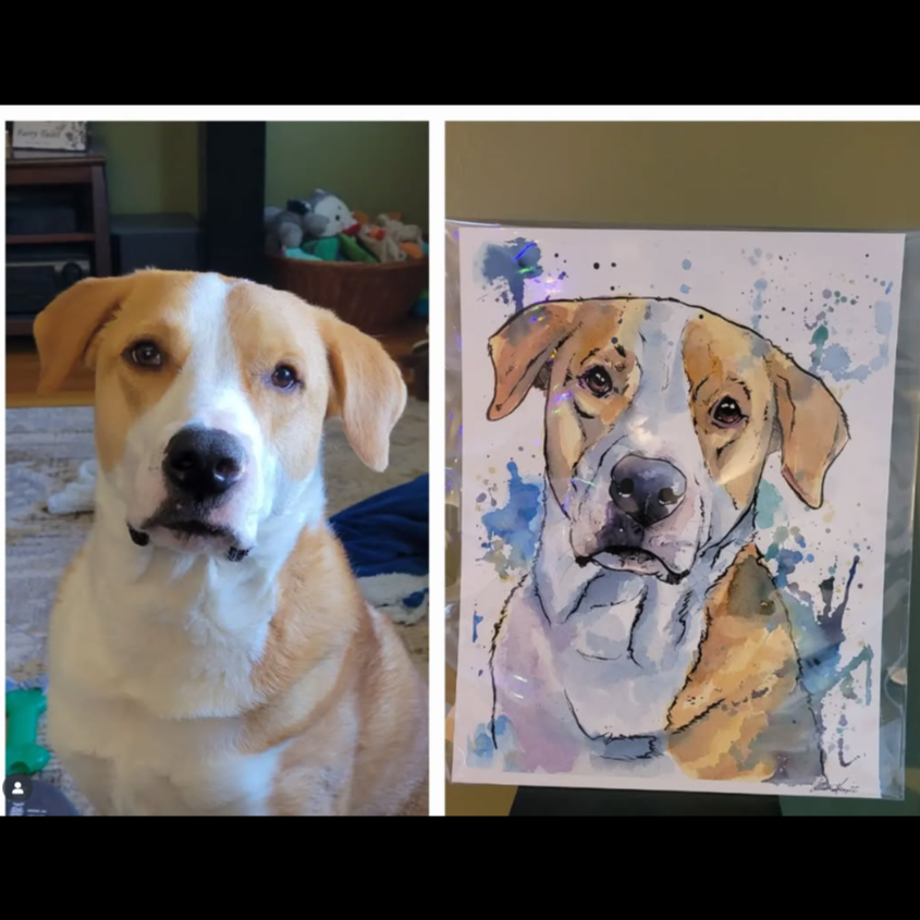  a dog and a painting of the same dog.